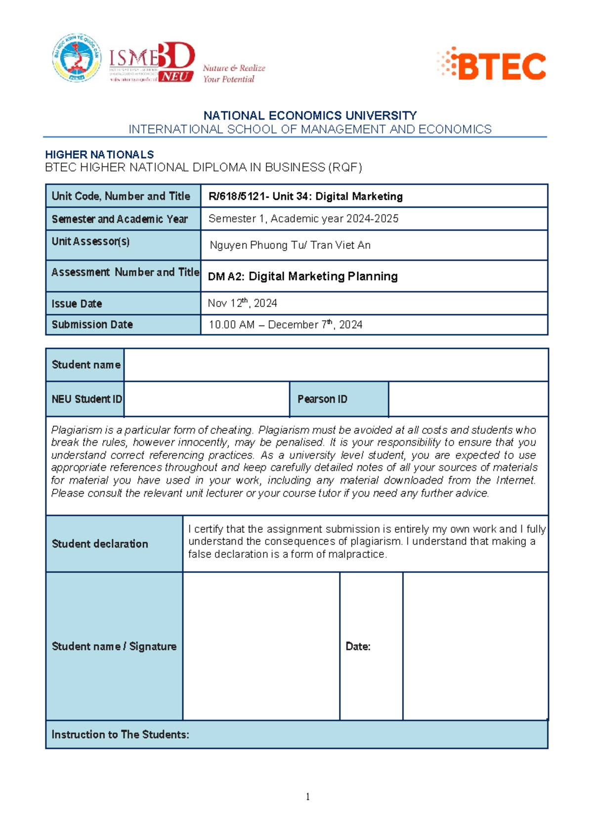 DM A2 F24 - Digital Marketing Planning Assignment Guidelines - Studocu