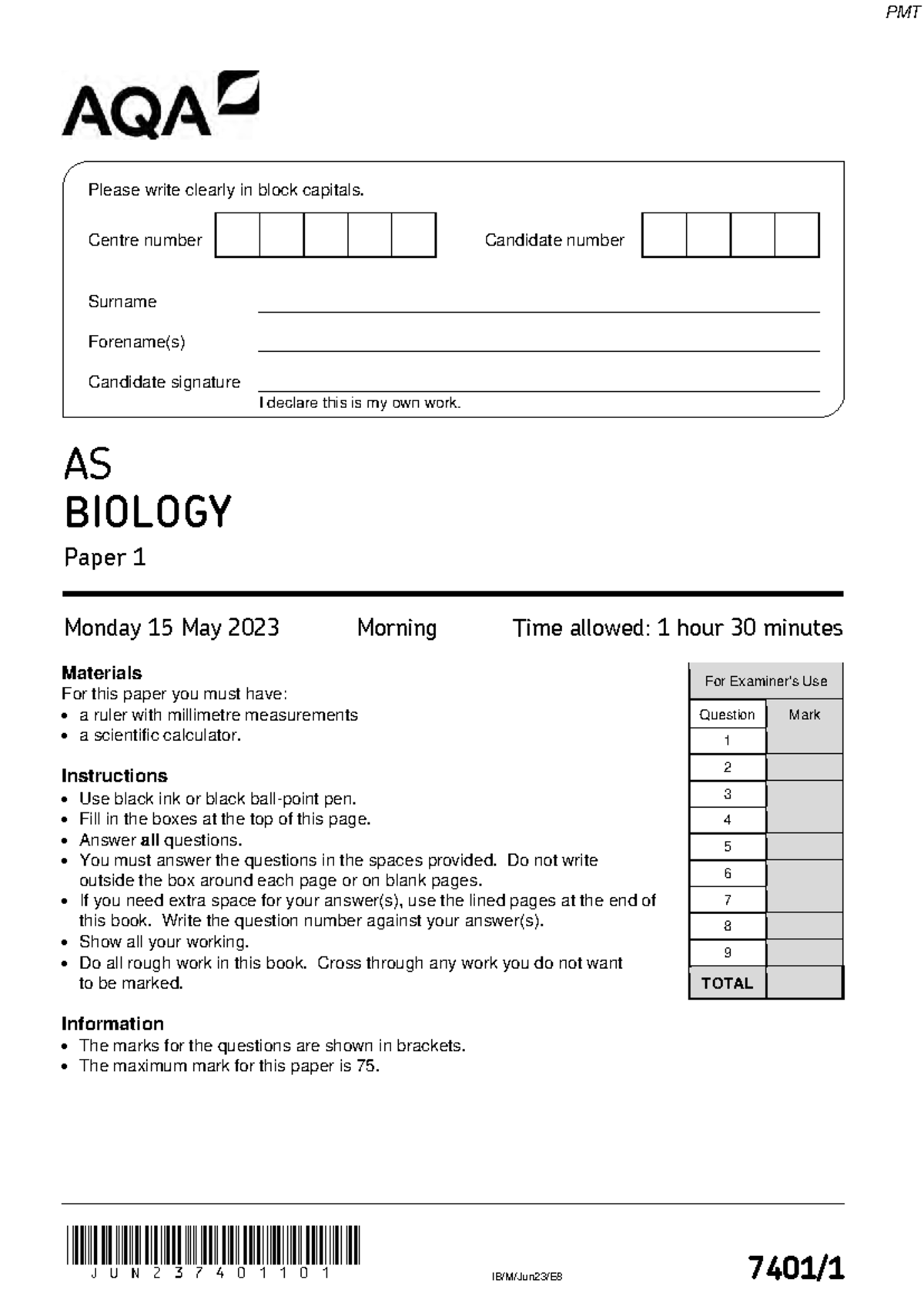 June 2023 AQA AS Biology Paper 1 Exam Questions and Marking Guide - Studocu