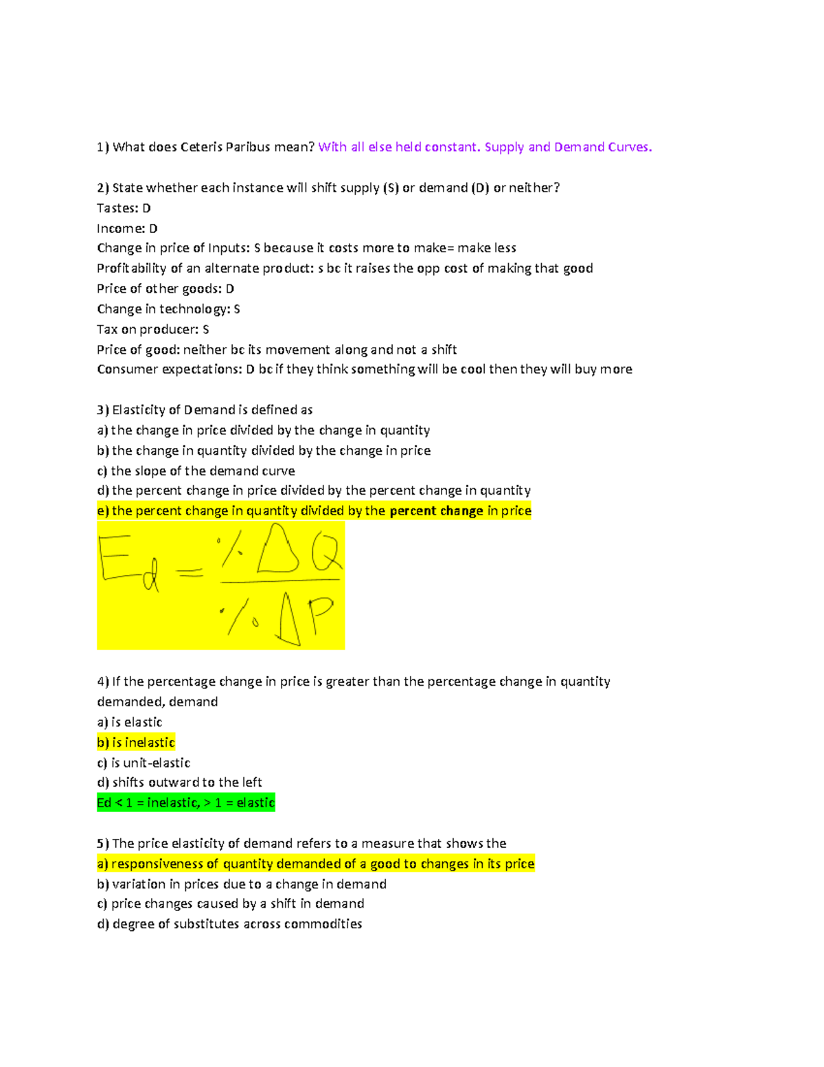 Econ 201 Exam 2 Review Notes - Key Concepts and Elasticity Insights ...