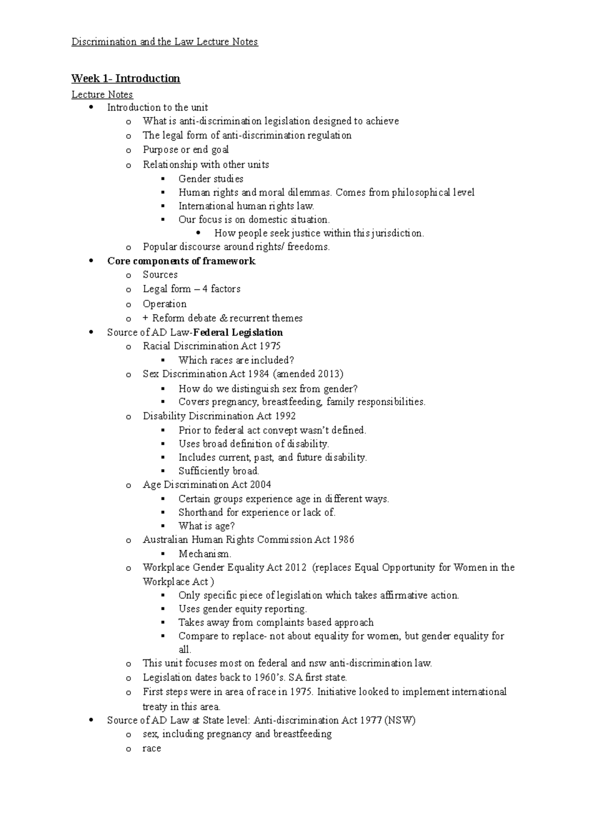 LAW 101: Discrimination and the Law Lecture Notes Overview - Studocu