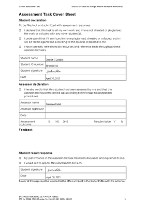 Bsbldr 601 - Student Guide - LEAD AND MANAGE ORGANISATIONAL CHANGE ...