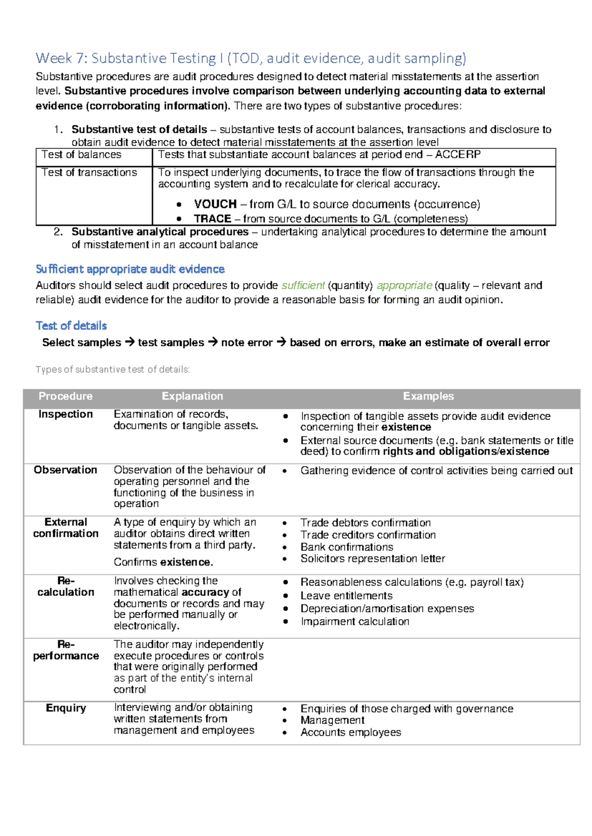 sample of auditing and accounting - Week 7: Substantive Testing I (TOD ...