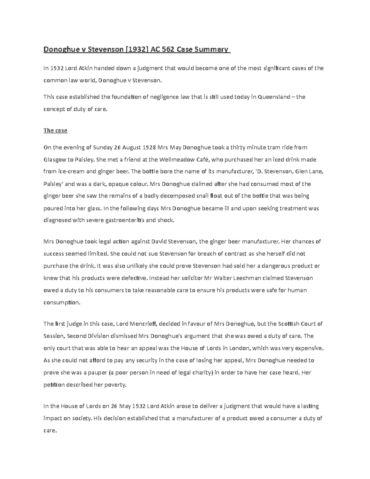 Donoghue v Stevenson [1932] AC 562: Landmark Case Summary on Negligence ...