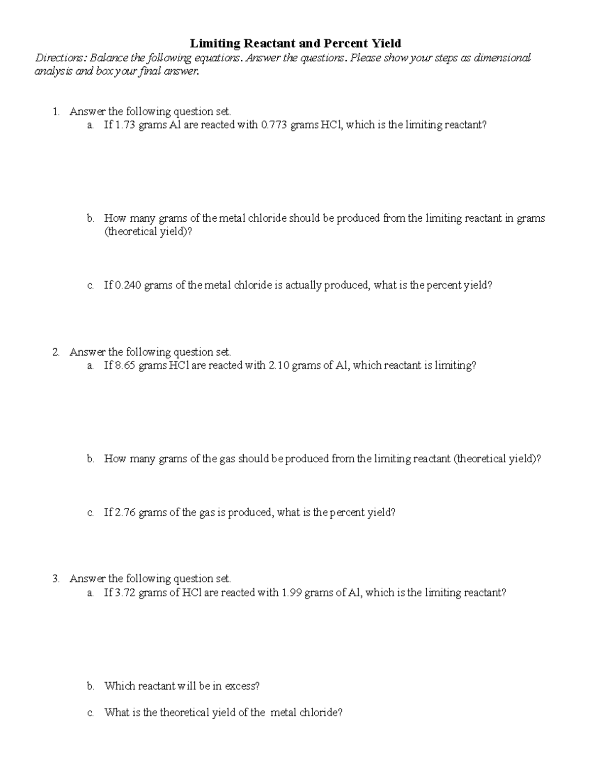 Limiting Reactant and Percent Yield Practice Problems - Studocu