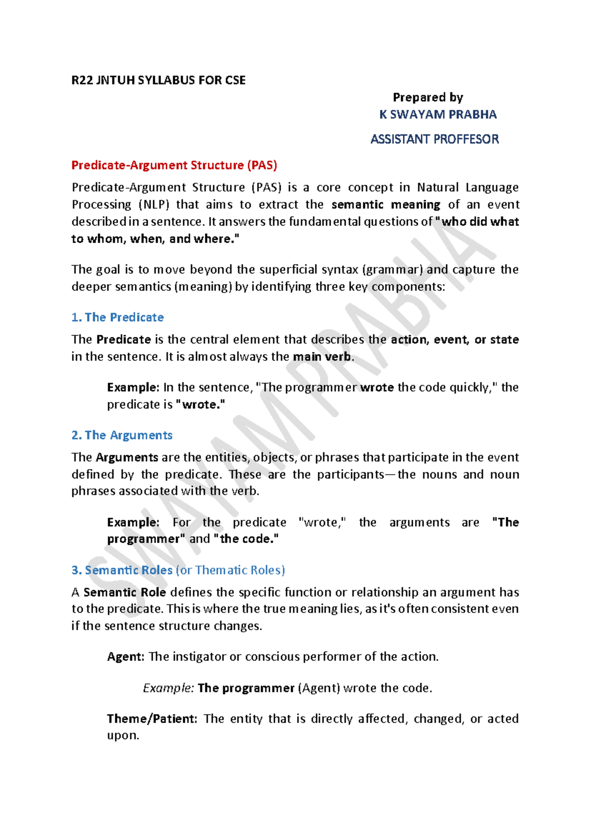 R22 JNTUH SYLLABUS: UNIT IV Predicate Argument Structure in NLP - Studocu