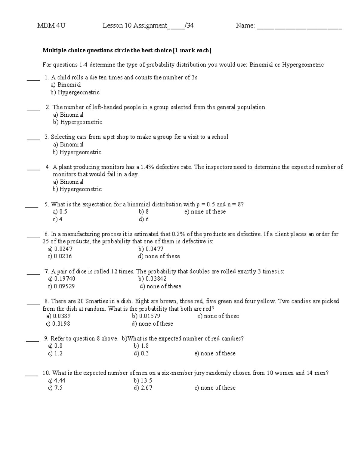 MDM 4U Lesson 10: Probability Distributions & Solutions - Studocu