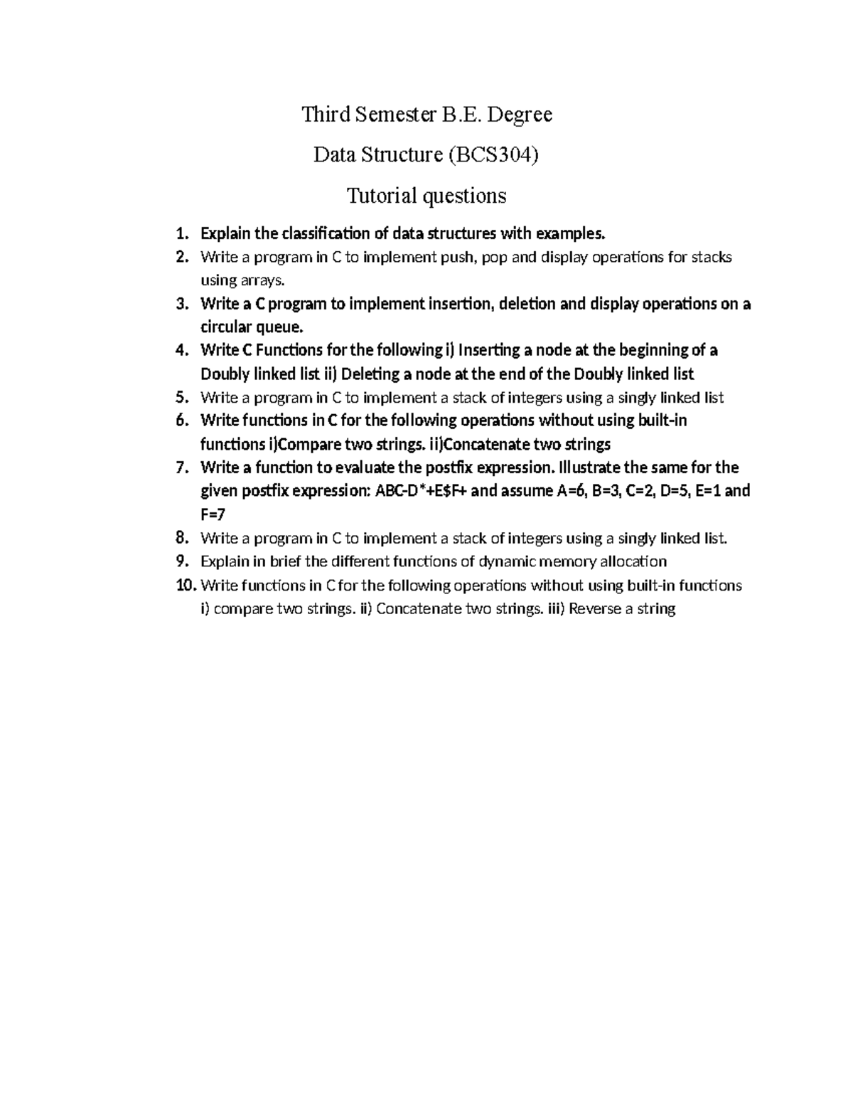 Data Structure (BCS304) 3rd Sem Test-2 Tutorial Questions - Studocu