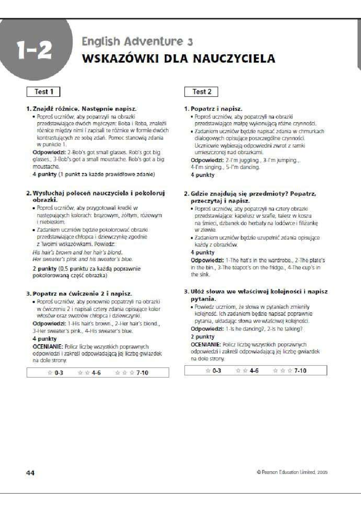 English Adventure 3 Unit Tests 1 & 2: Answers & Teacher's Tips - Studocu