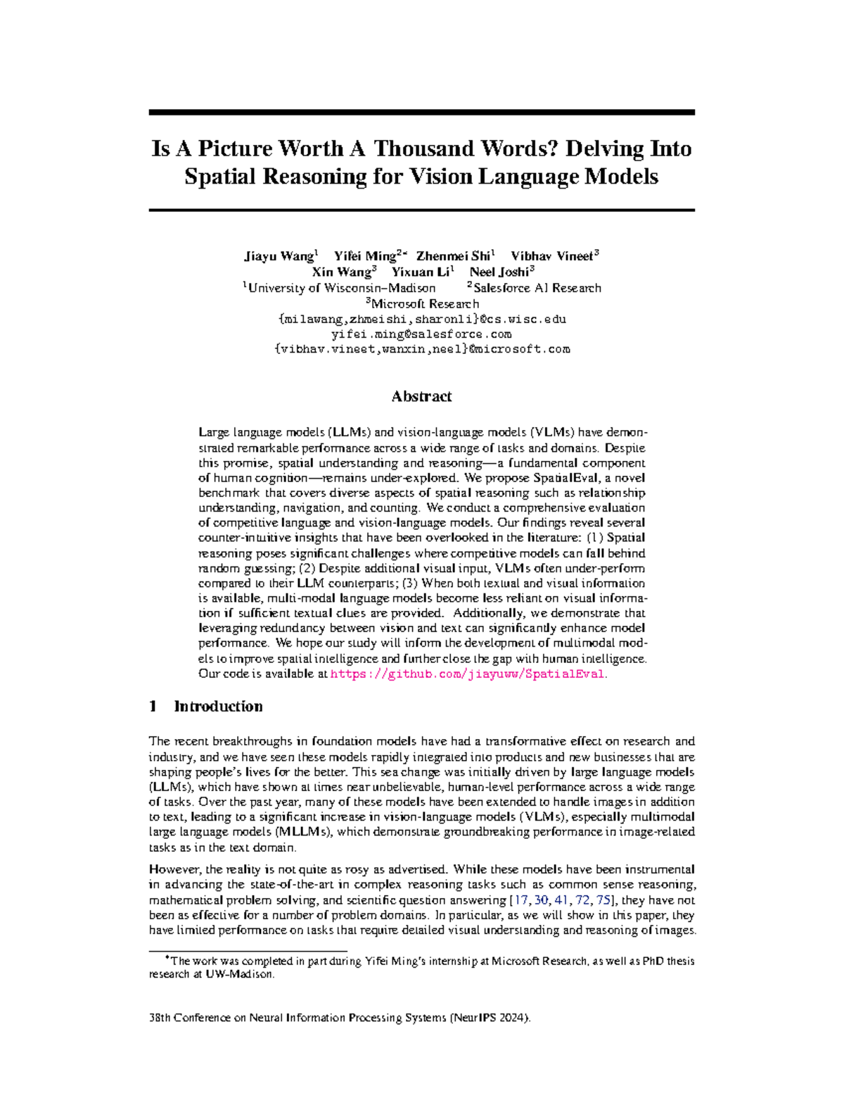 NeurIPS 2024: Evaluating Spatial Reasoning in Vision-Language Models ...