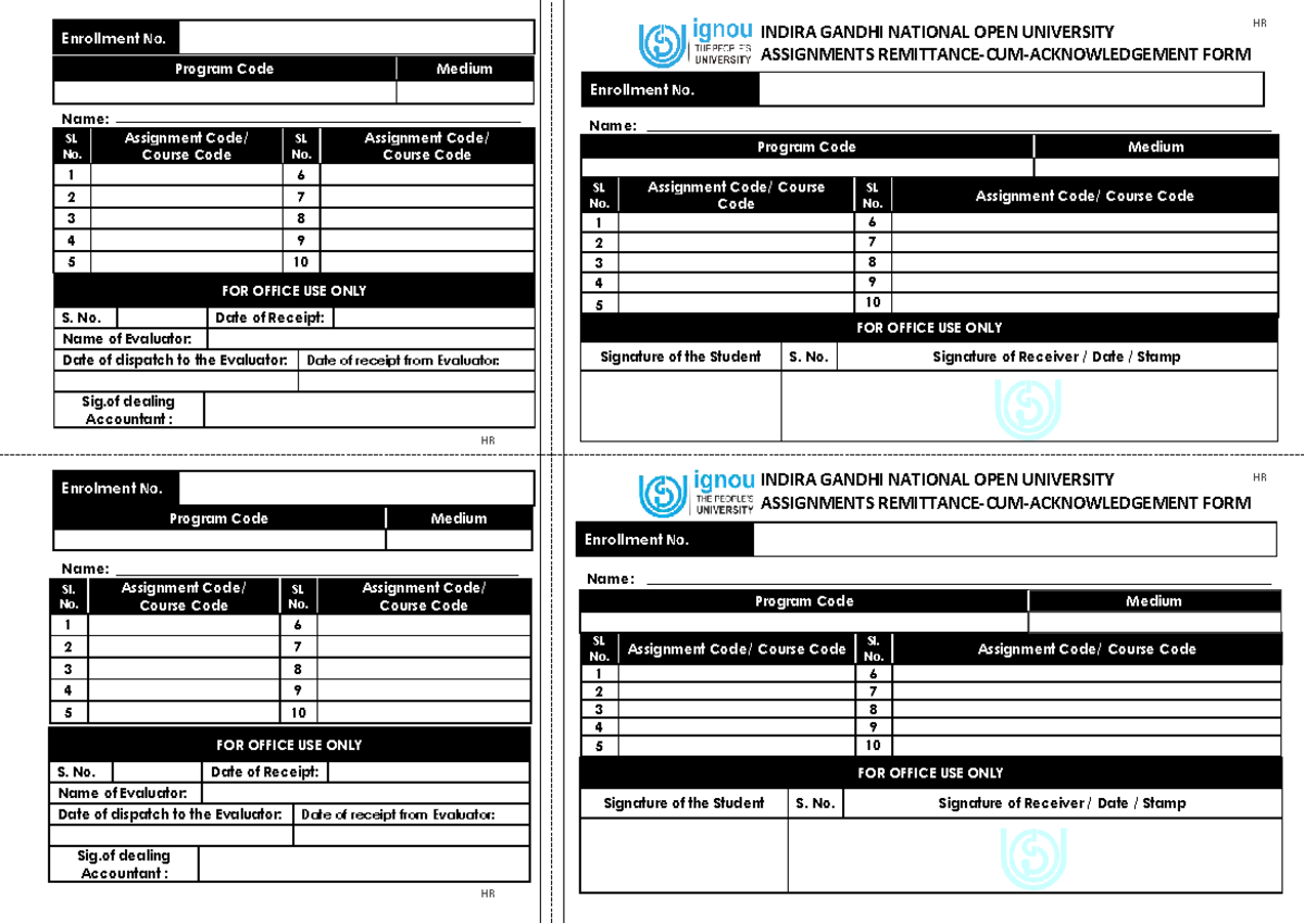 IGNOU Assignment Receiving Slip Acknowledgement Form F1 - Studocu