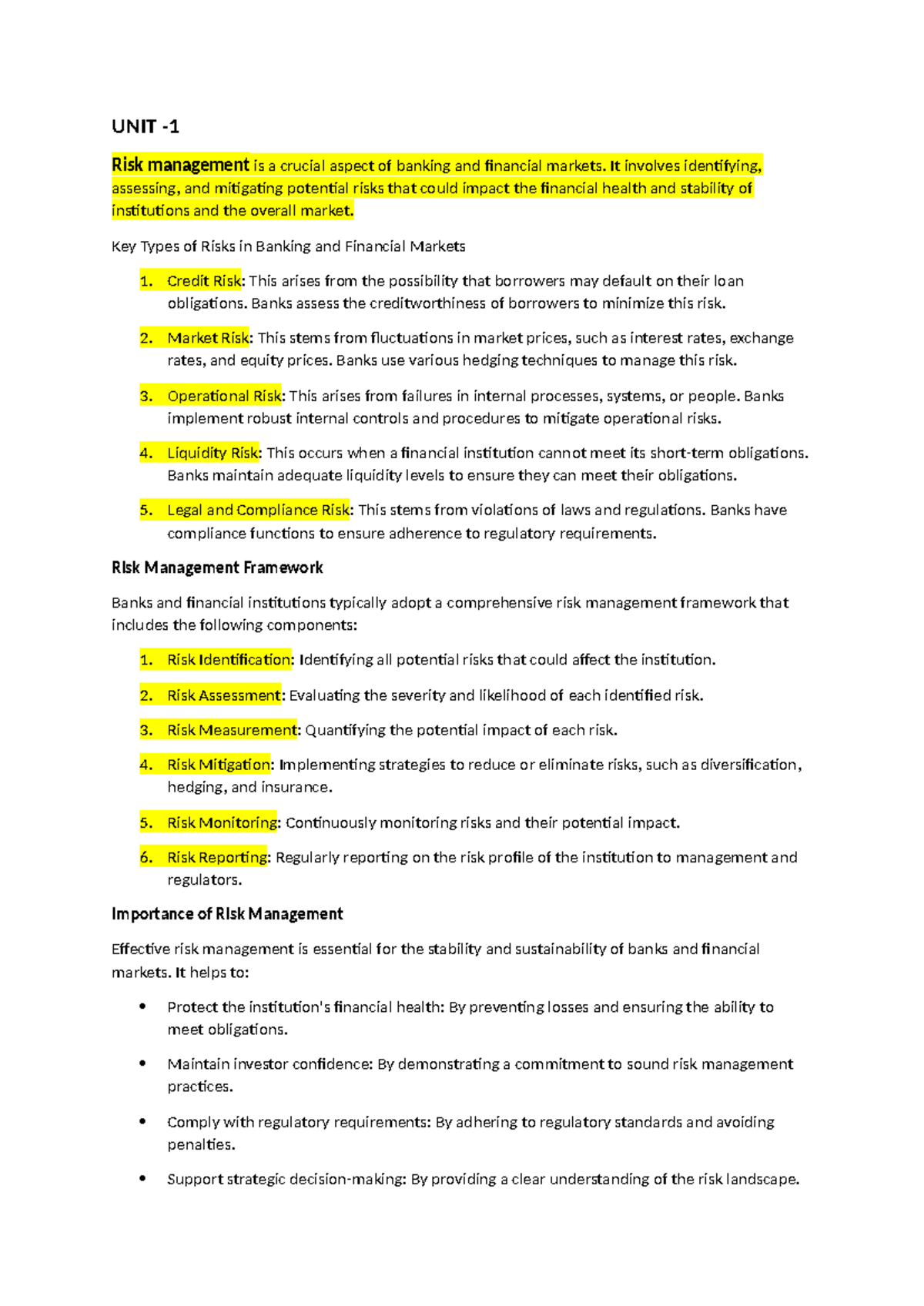 RISK Management UNIT 1,2,&3 - UNIT - Risk management is a crucial ...