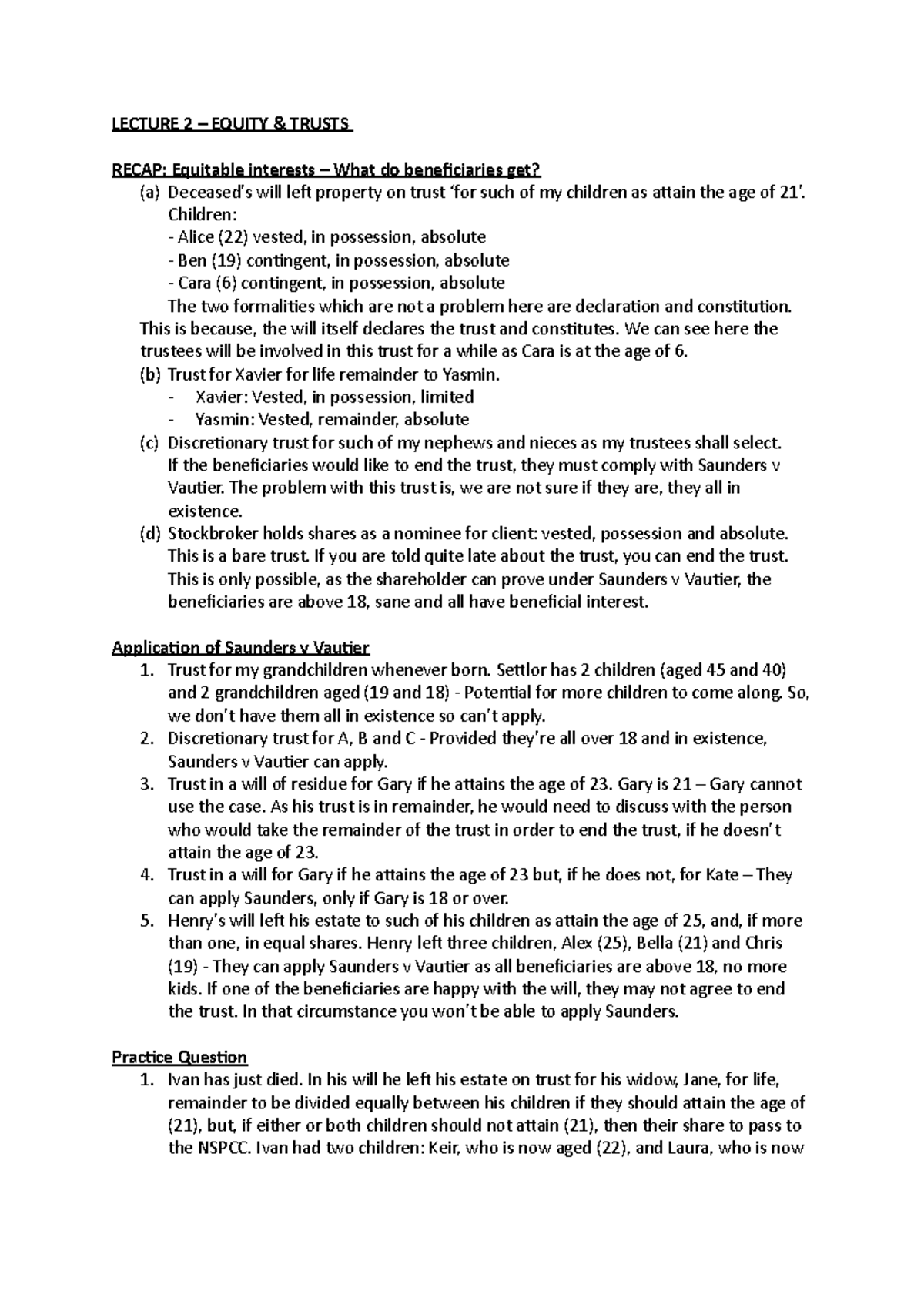 Lecture 2 Notes: Key Concepts in Equity & Trusts Analysis - Studocu