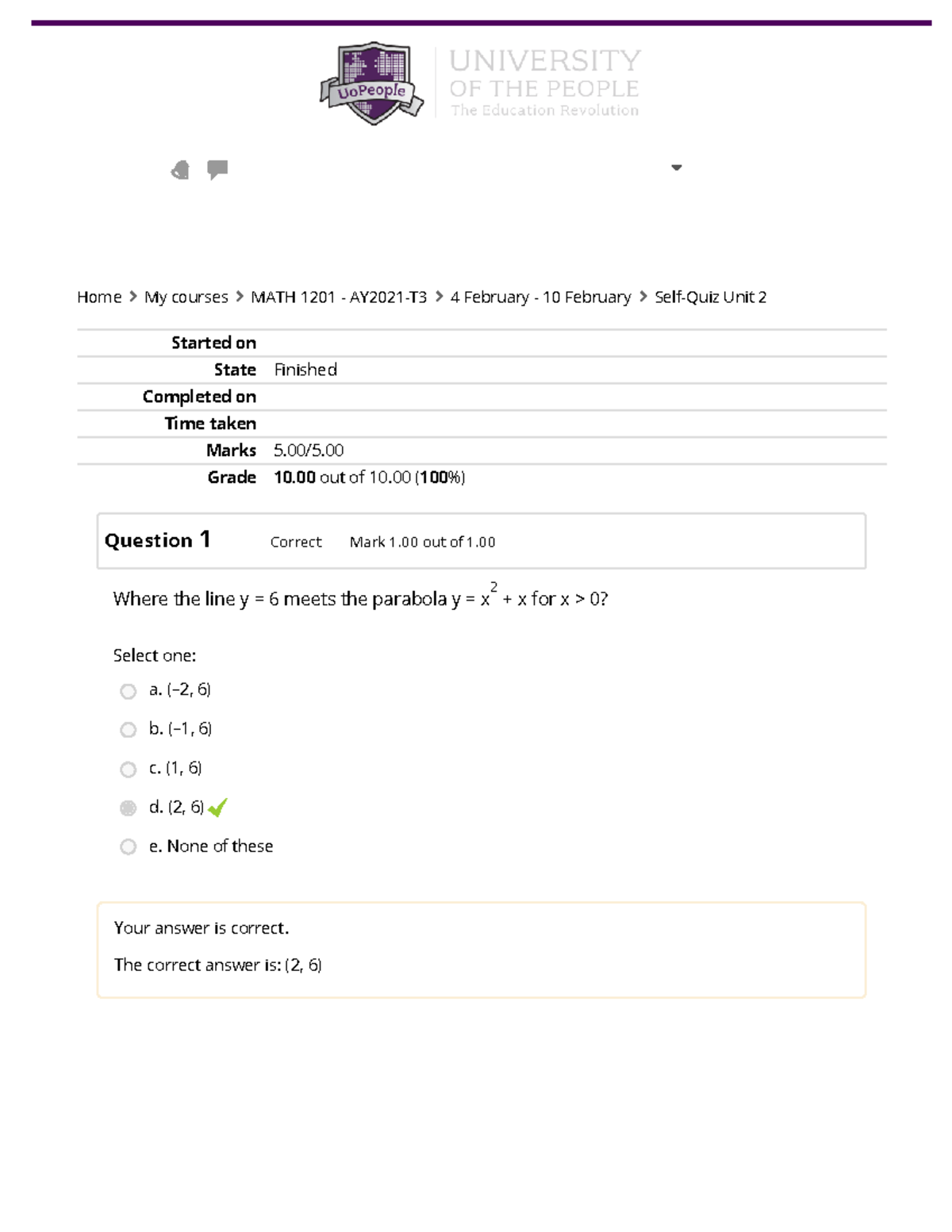 Self-Quiz Unit 2 Attempt review 2 - Home My courses MATH 1201 4 ...