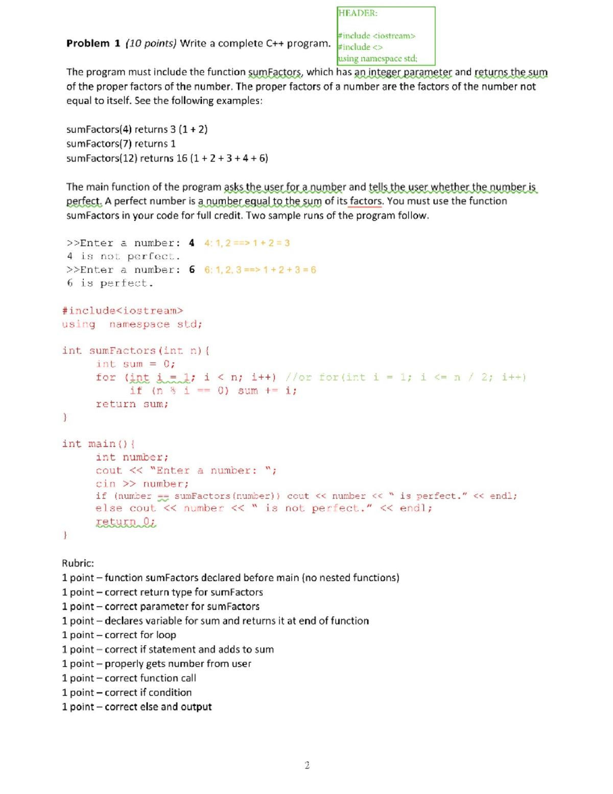 3 - WONG ANSERS - HEADER: Problem 1 (10 points) Write a complete ...