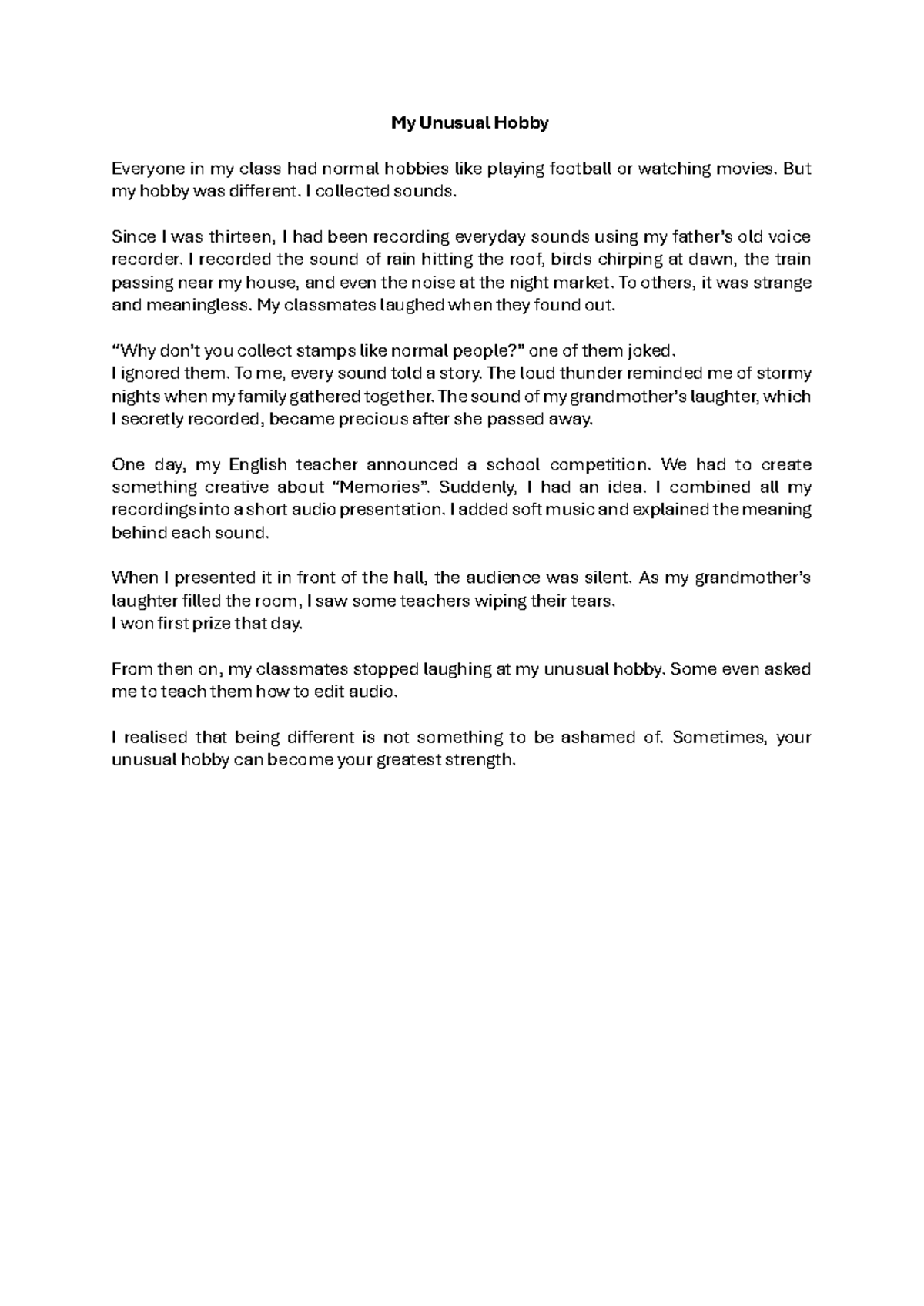 My Unusual Hobby - Essay Samples on Creative Expression - Studocu