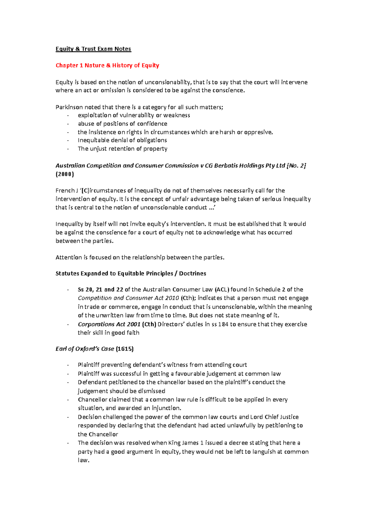 Notes - Equity & Trust Exam Notes Chapter 1 Nature & History of Equity ...