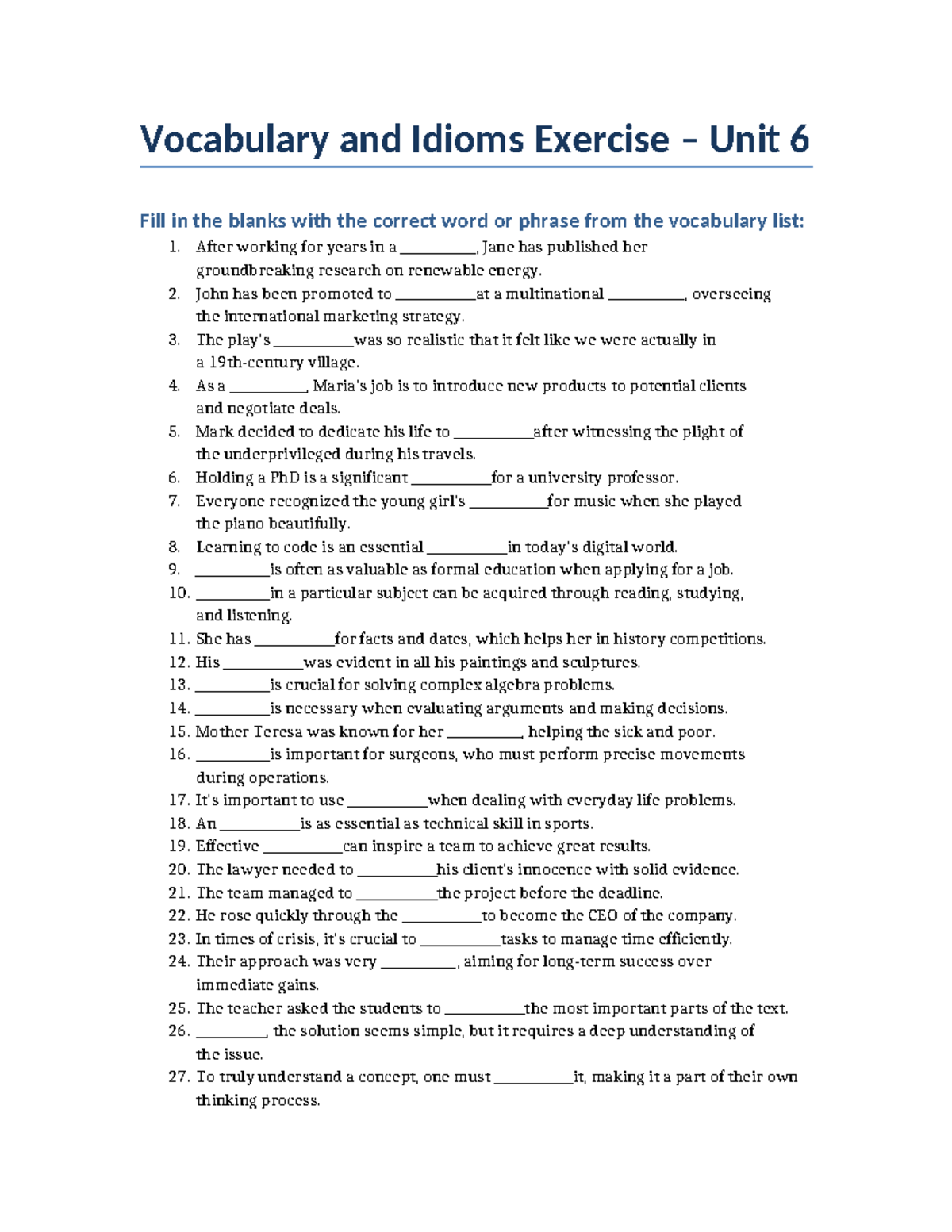 Vocabulary Exercise English B2 5 Unit 6 Vocabulary And Idioms