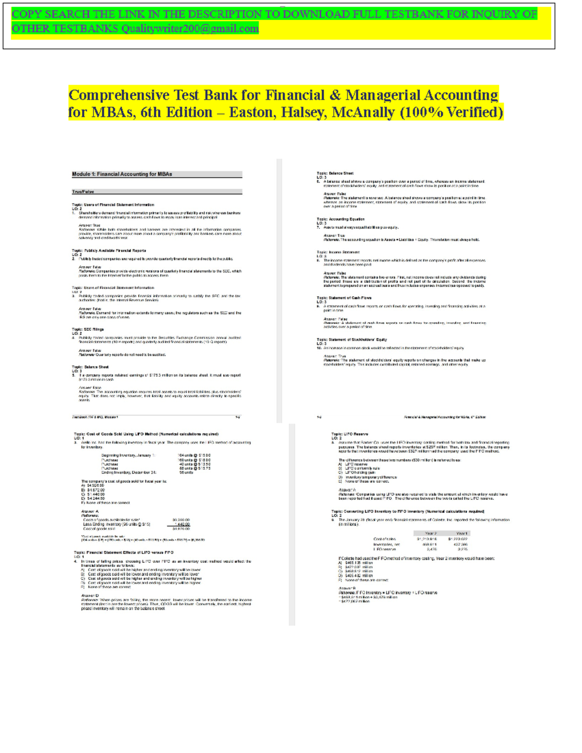 Test Bank for Financial & Managerial Accounting for MBAs, 6th Edition ...