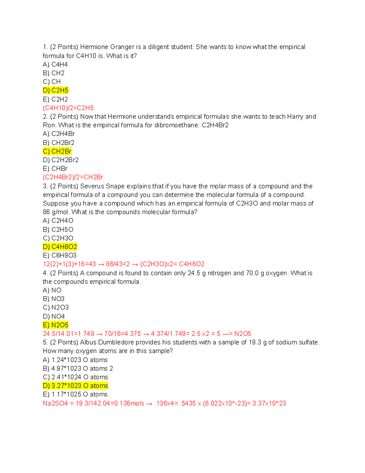 Pre Lab 6 - Empirical Formulas and Molecular Formula Calculations