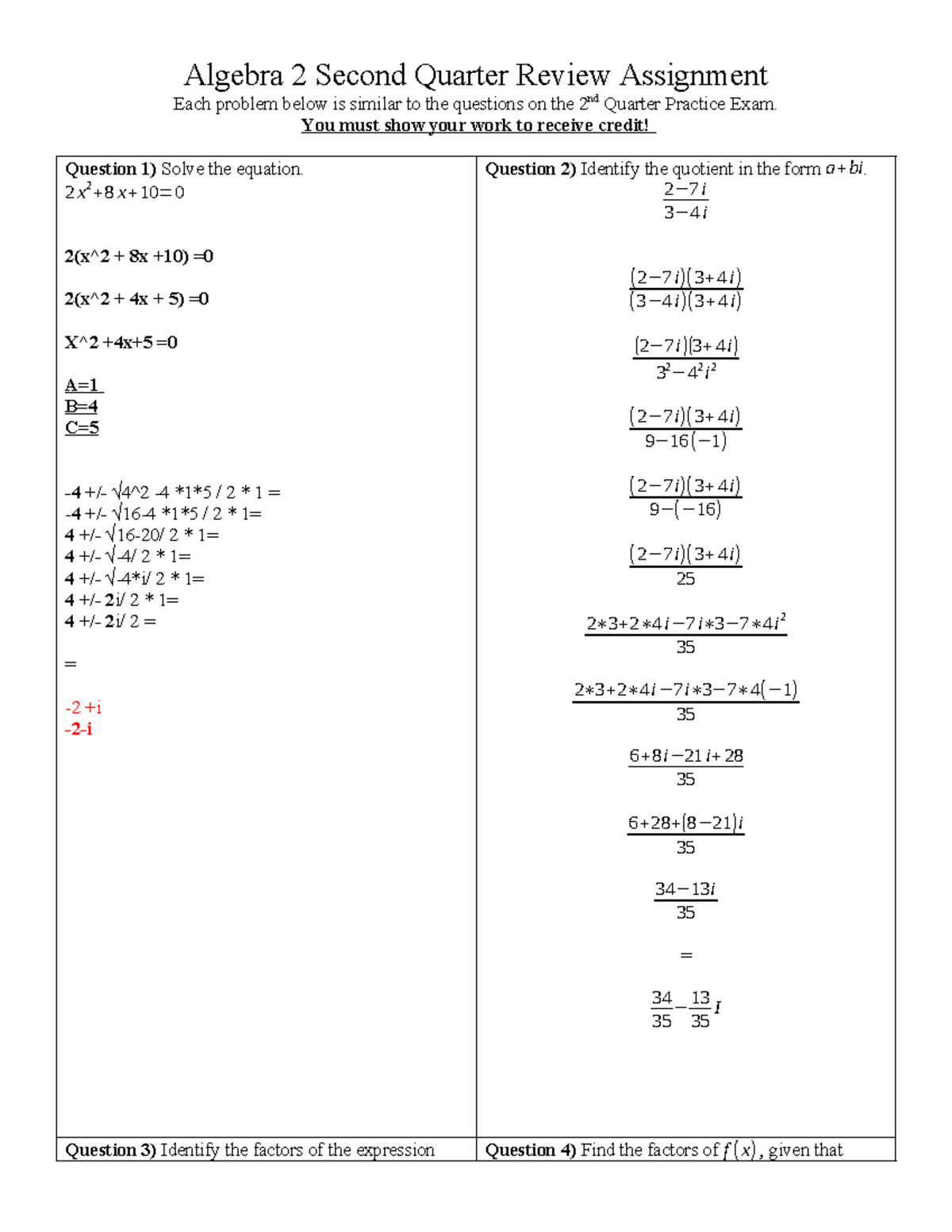 Algebra+2+Quarter+2+Review+Assignment - Algebra 2 Second Quarter Review ...