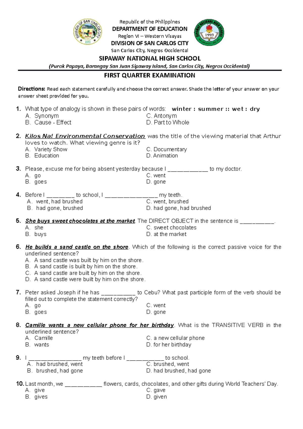 First Periodical Test - Republic of the Philippines DEPARTMENT OF ...