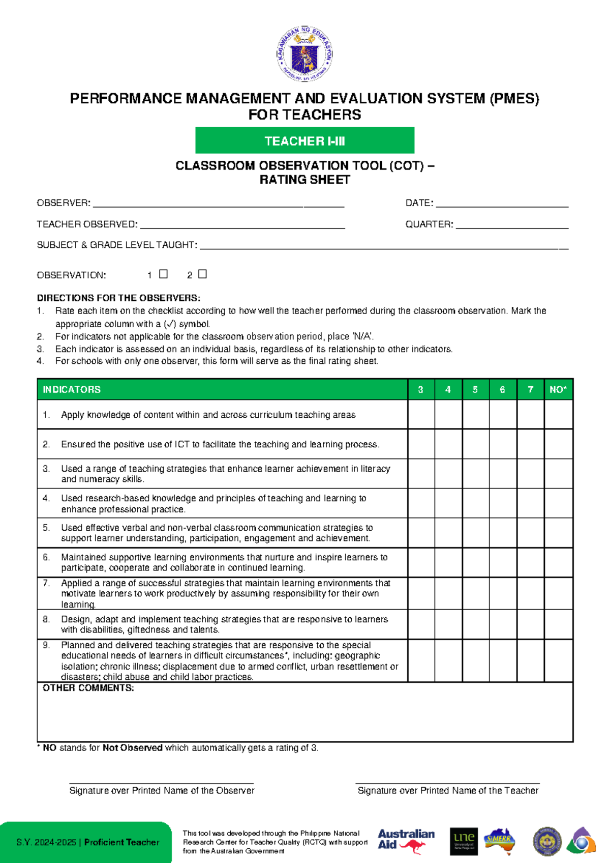 COT Rating Sheet for Proficient Teacher SY 2024-2025 Evaluation Tool ...