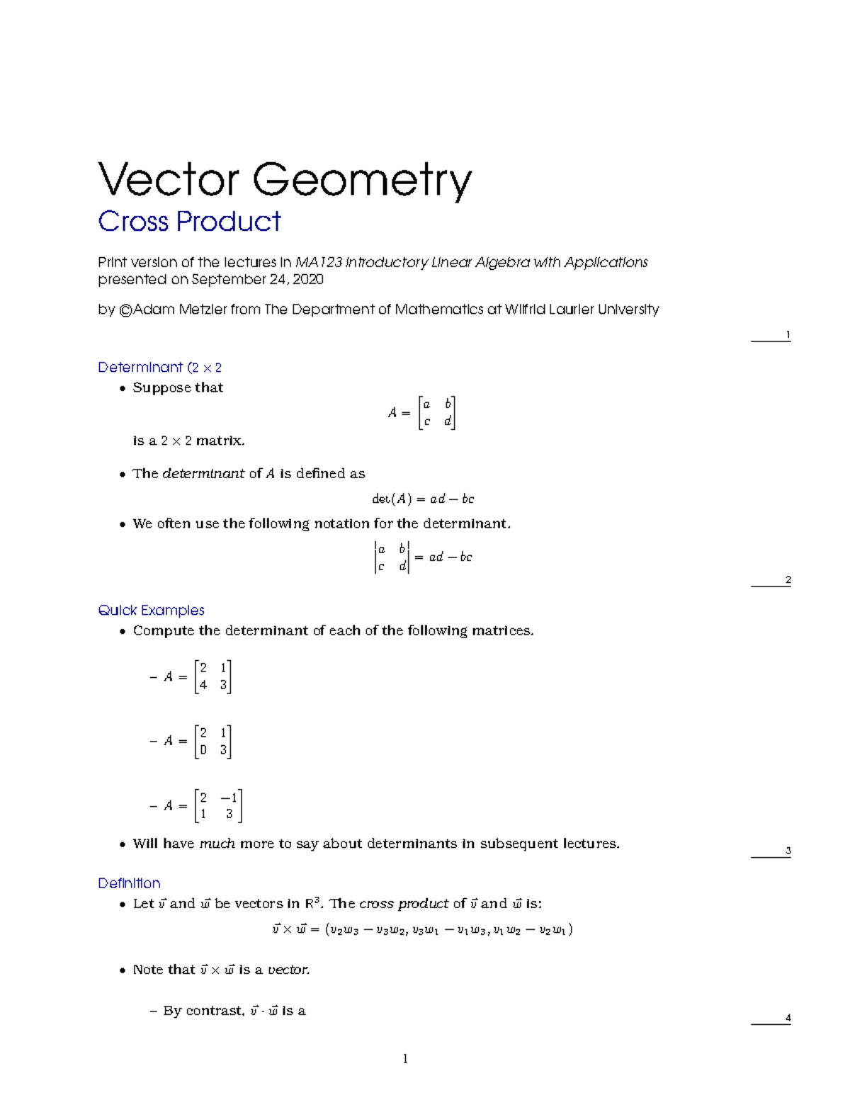 MA123 Lecture Notes on Vector Geometry & Cross Product - Studocu