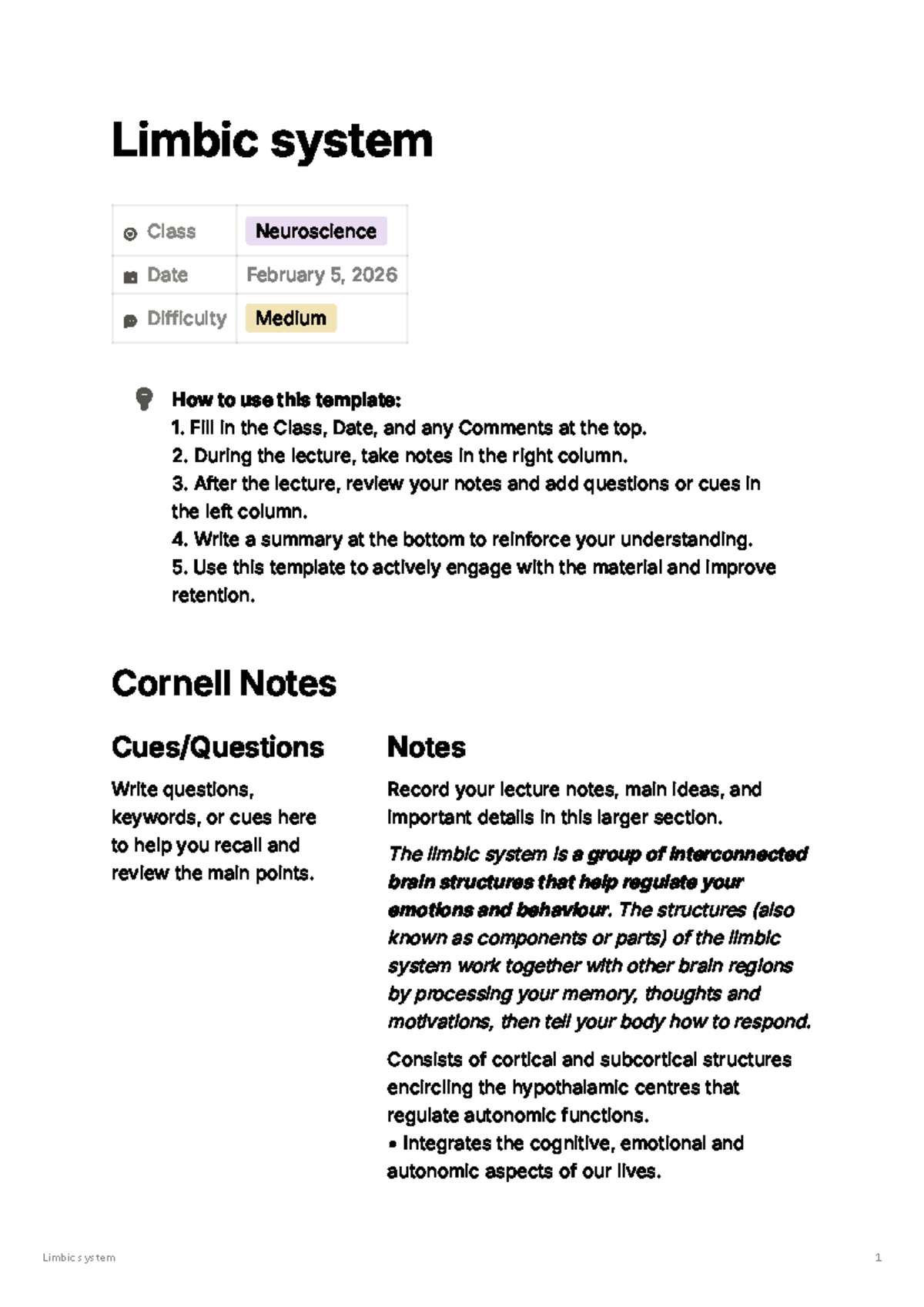 Lecture Notes on Limbic System in Neuroscience - Studocu