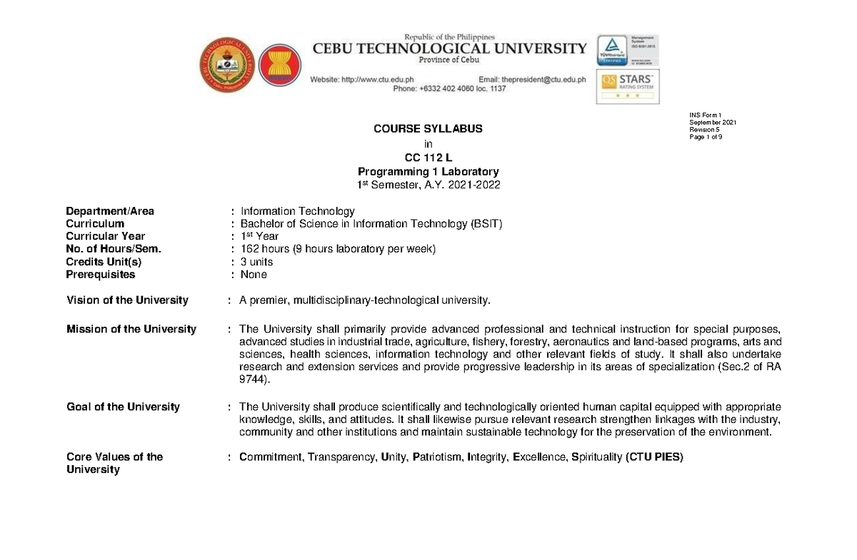 CC 112 Programming 1 Lab Syllabus - 1st Semester A.Y. 2021 - Studocu