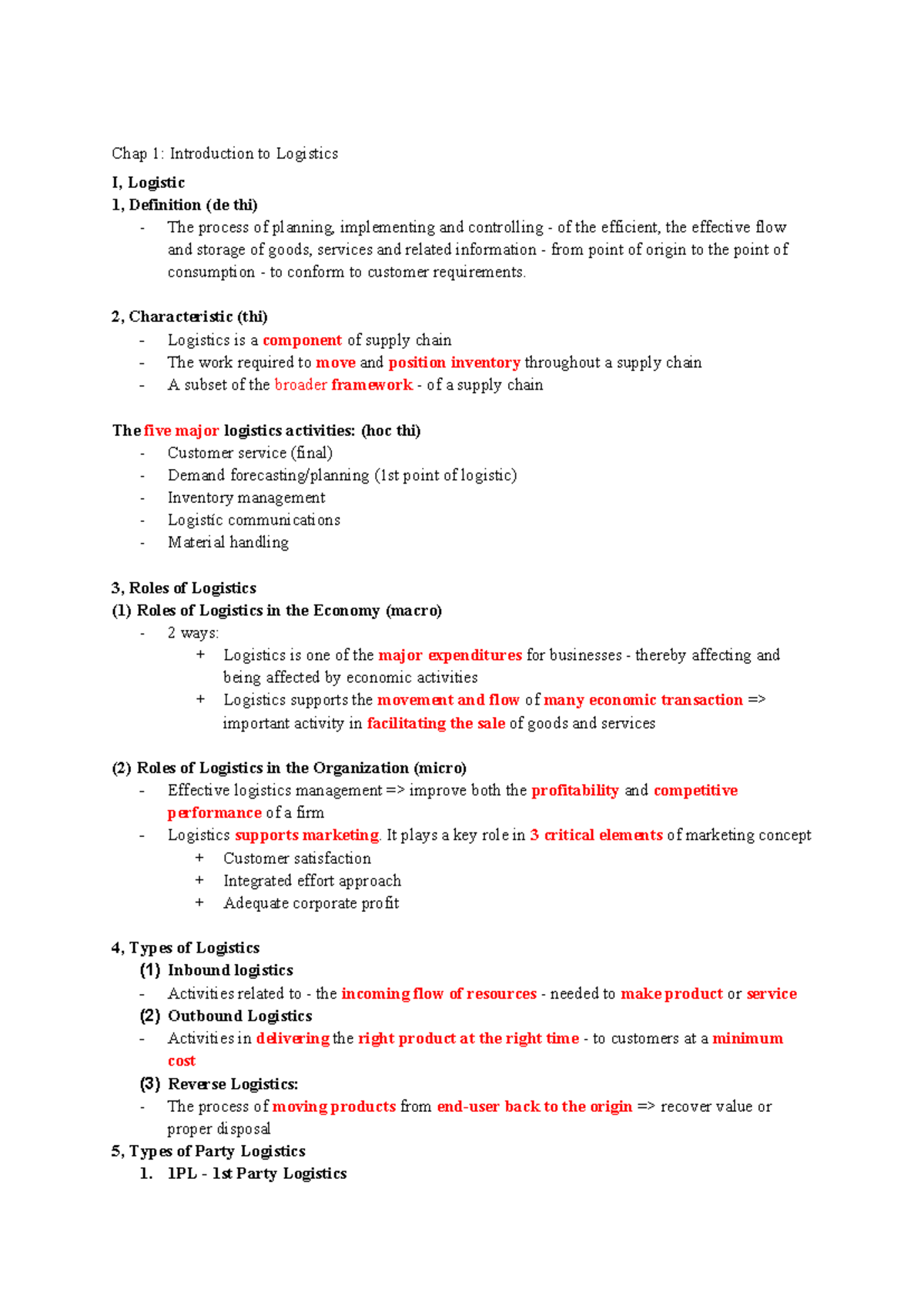 Chap 1: Intro to Logistics I - Definitions & Key Concepts (CLC) - Studocu
