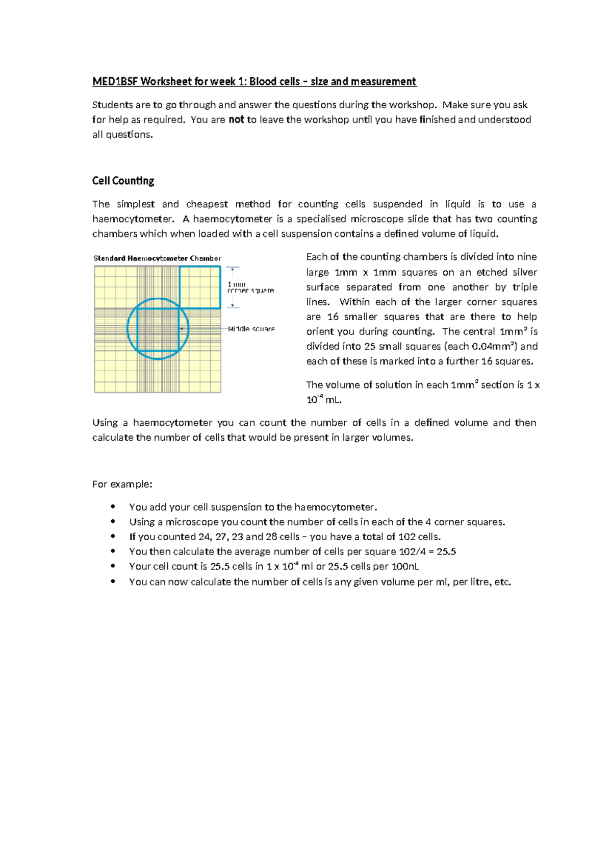 Exam prep workshop t1 - MED1BSF Worksheet for week 1: Blood cells ...