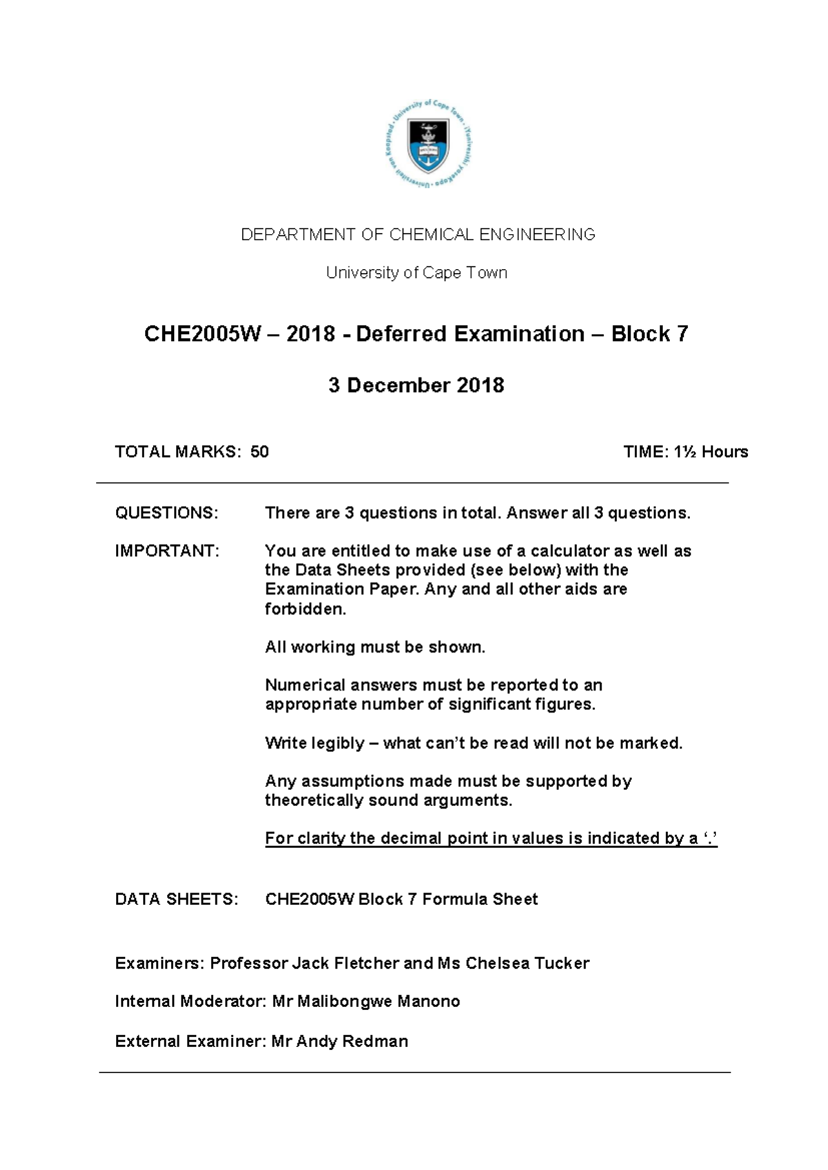 CHE2005W 2018 Block 7 Deferred Exam Paper - Studocu