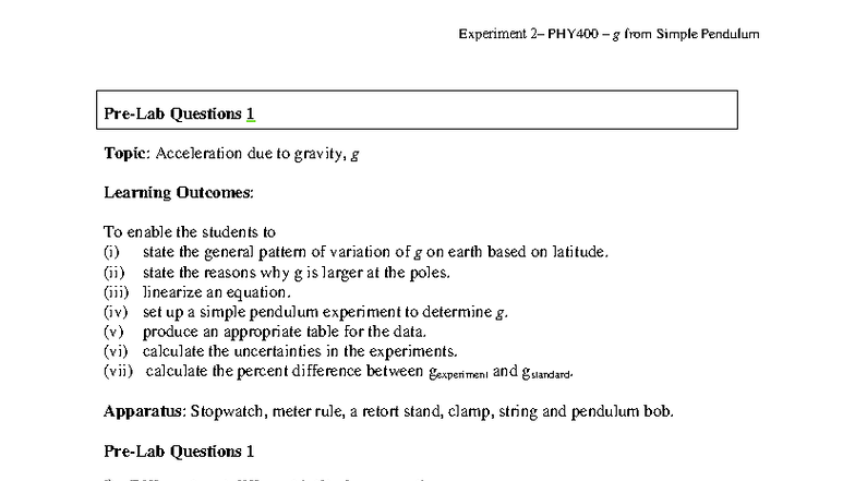 Expt 2 - PHY400: Determining Acceleration due to Gravity, g - Studocu