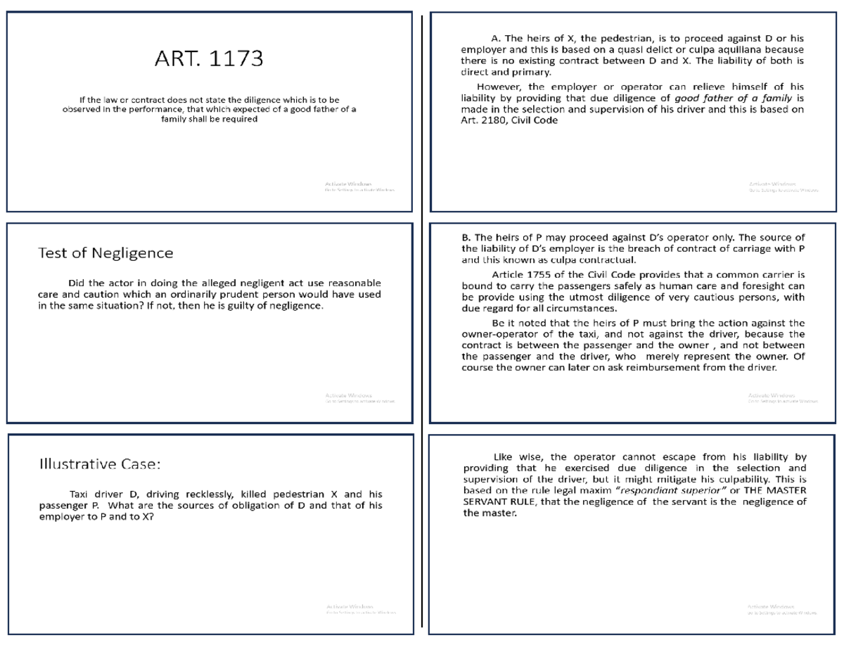 ART. 1173: Summary of Negligence and Liability in Civil Code - Studocu