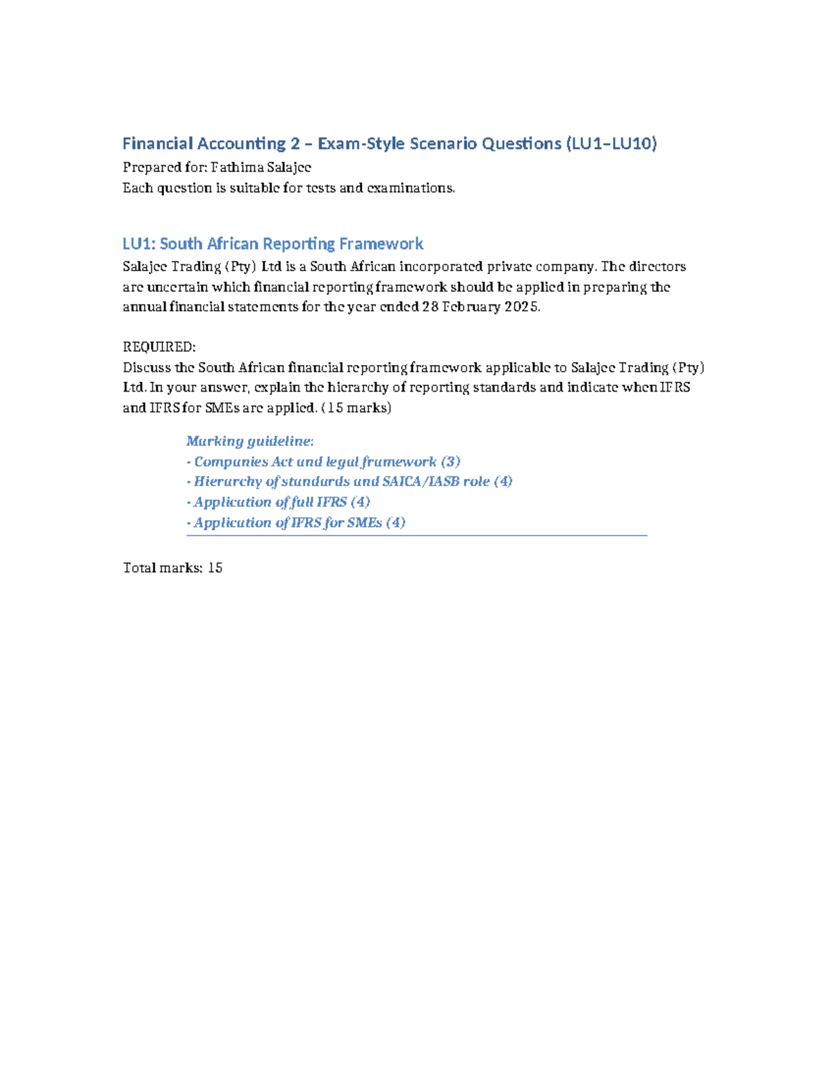 FA2 Exam Style Questions: Financial Accounting 2 (LU1-LU10) - Studocu