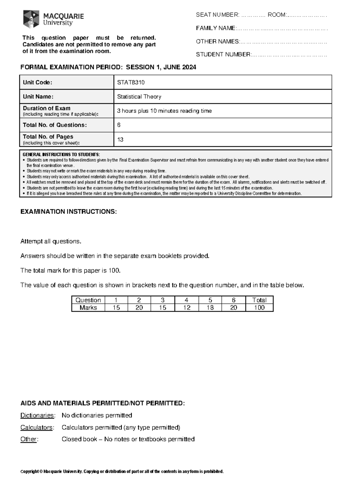 STAT8310 2024S1 - Final Exam Practice Material on Statistical Theory ...