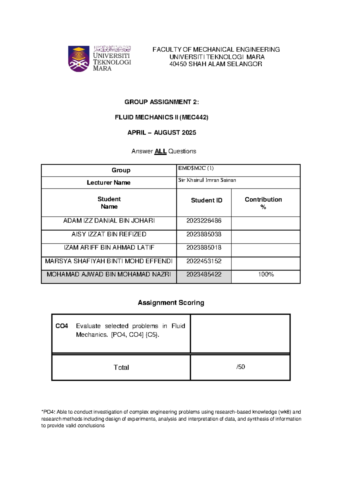 MEC442 Group Assignment 2: Fluid Mechanics II Analysis - Studocu