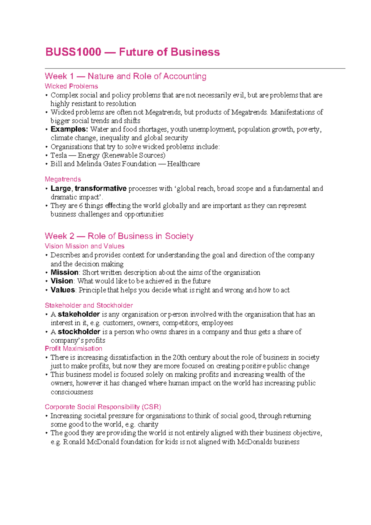 BUSS1000 - Lecture Notes on Future of Business & Megatrends - Studocu