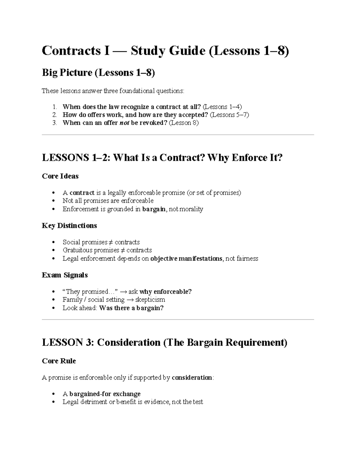 Contracts I Study Guide: Key Lessons and Exam Insights - Studocu