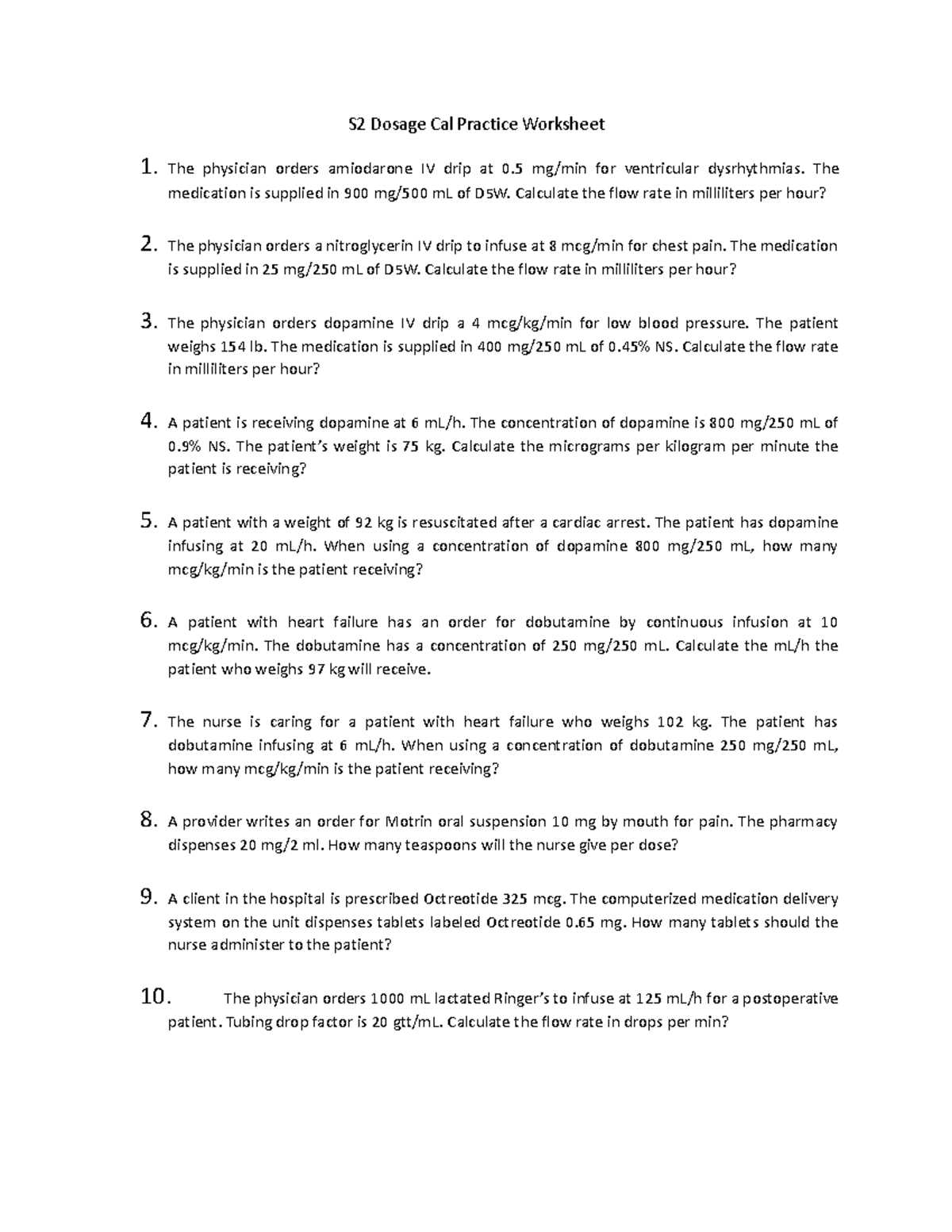 S2 IV Dosage Calculation Practice Worksheet for Nursing Students - Studocu
