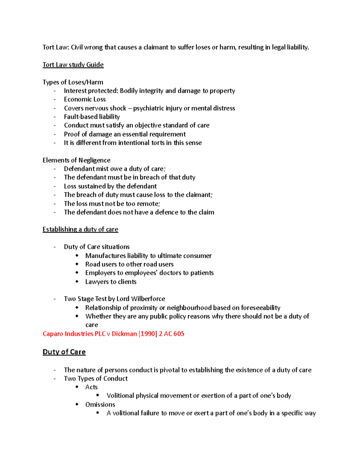 Tort Law Revision: Key Concepts and Negligence Elements (LAW101) - Studocu