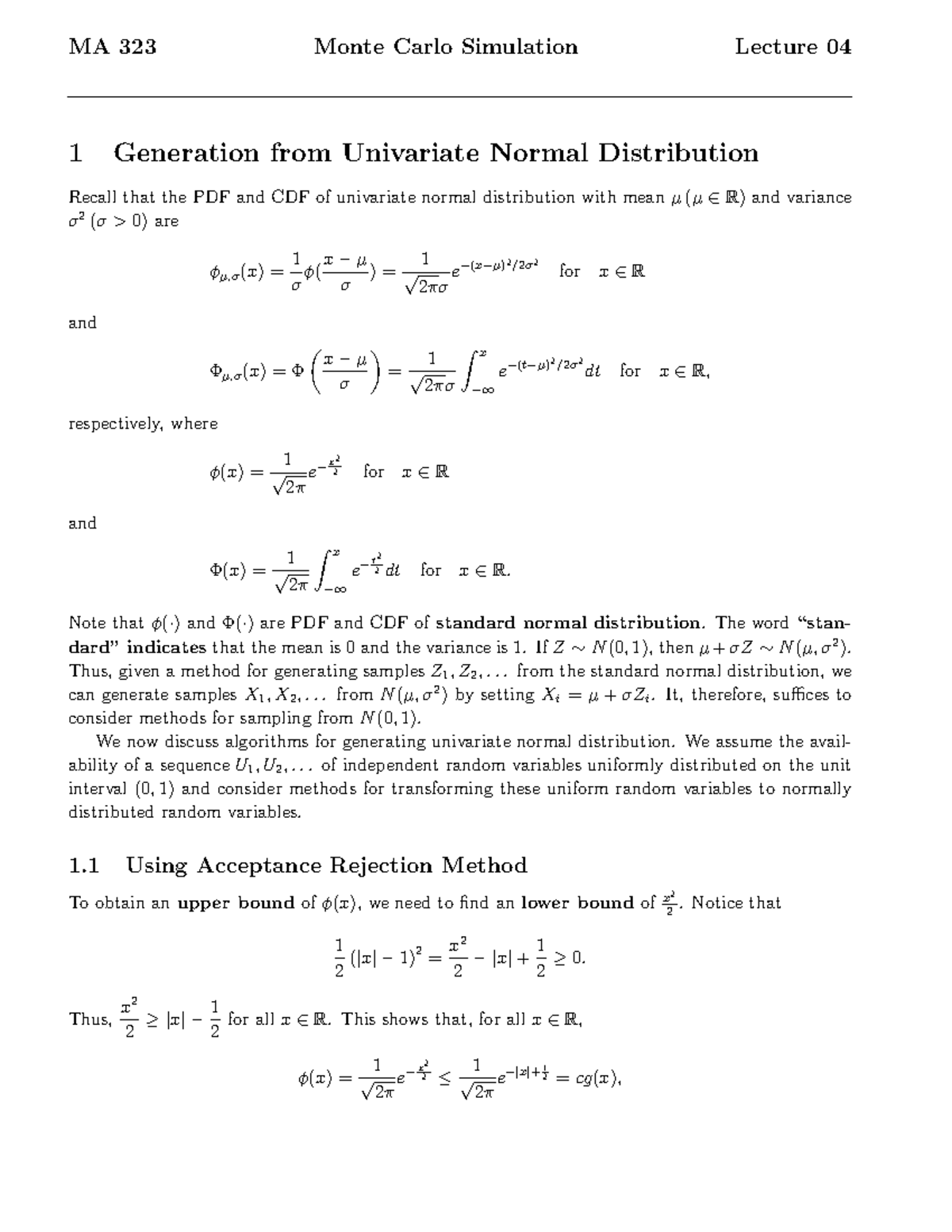 Lecture 04: Monte Carlo Methods and Univariate Normal Distribution ...