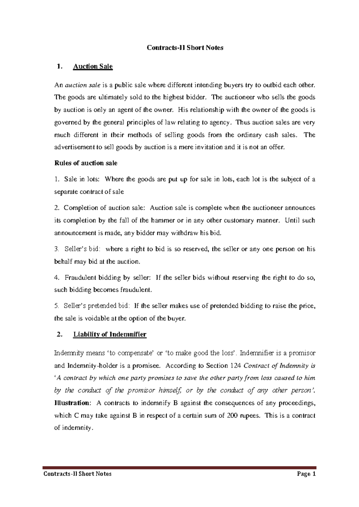 Contracts-II Short Notes: Key Concepts and Principles - Studocu
