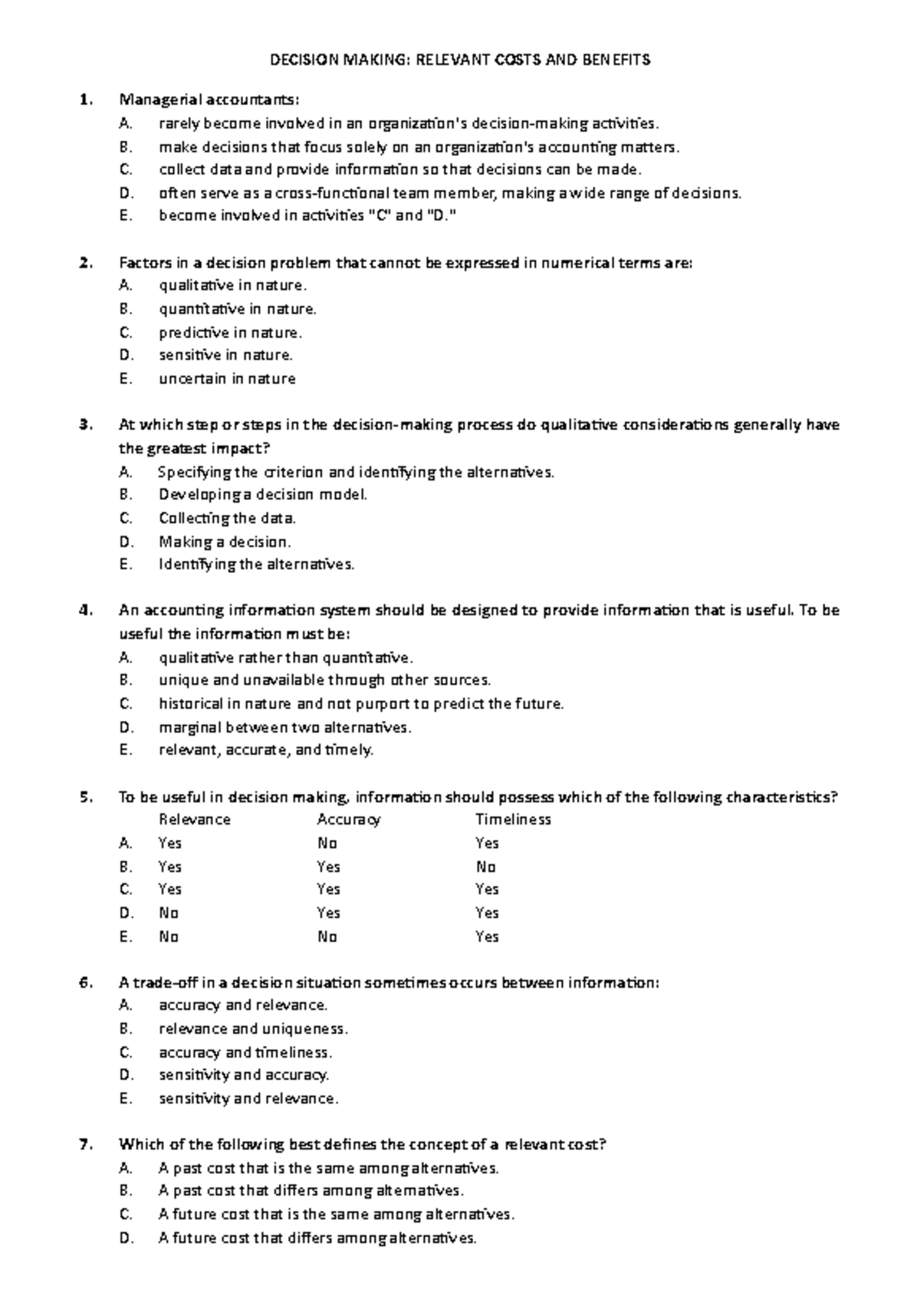 Relevant Costing & Decision Making - Short Review Guide for ACC 101 ...