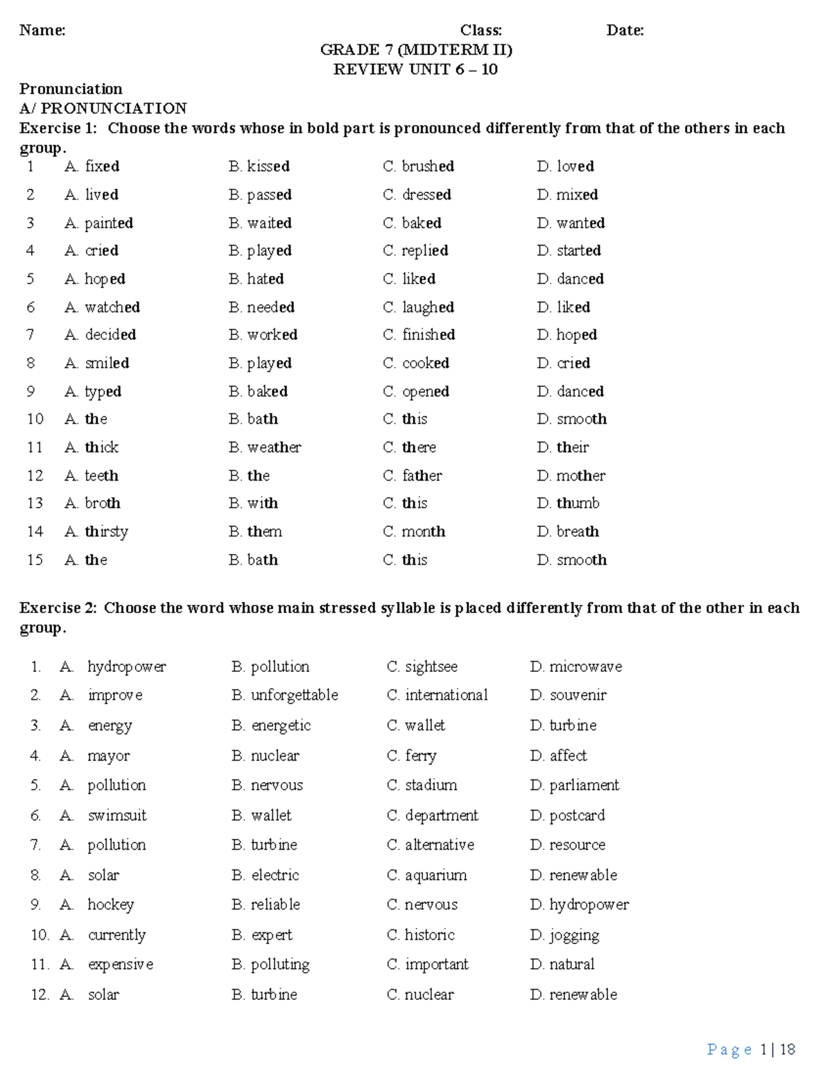 GRADE 7 (MIDTERM II) REVIEW: PRONUNCIATION & GRAMMAR UNIT 6 - Studocu