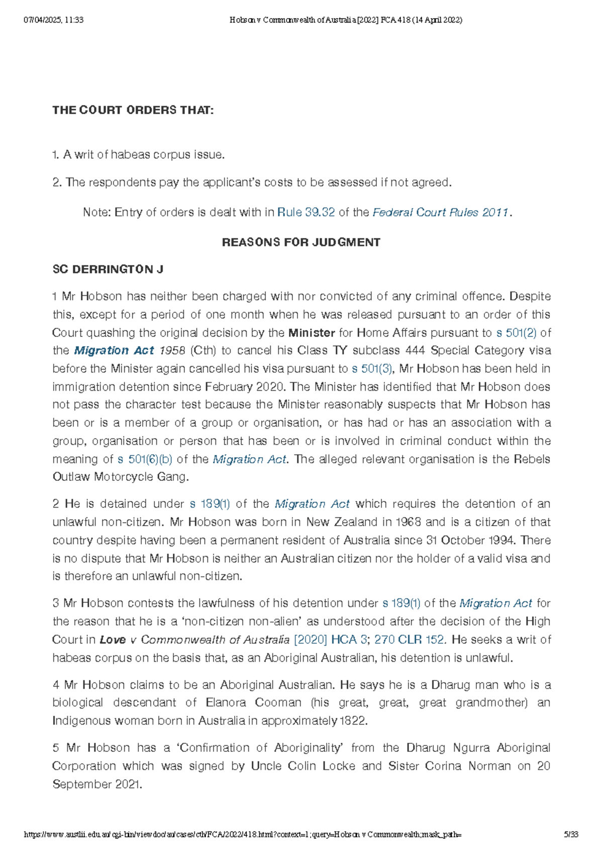 Hobson v Commonwealth of Australia FCA 418: Writ of Habeas Corpus ...