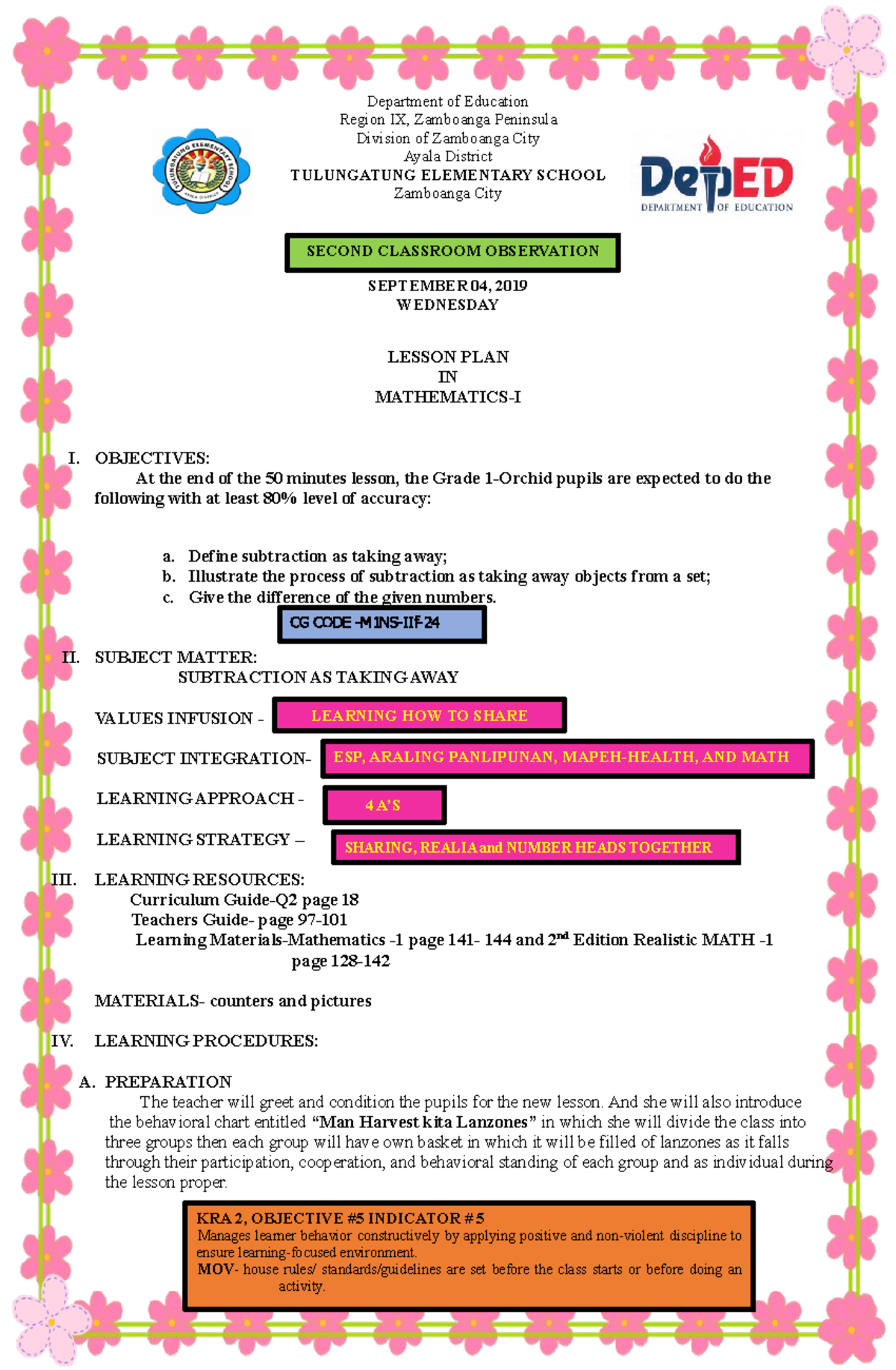 Second-CO - Lesson Plan: Introduction to Subtraction in Math-I - Studocu