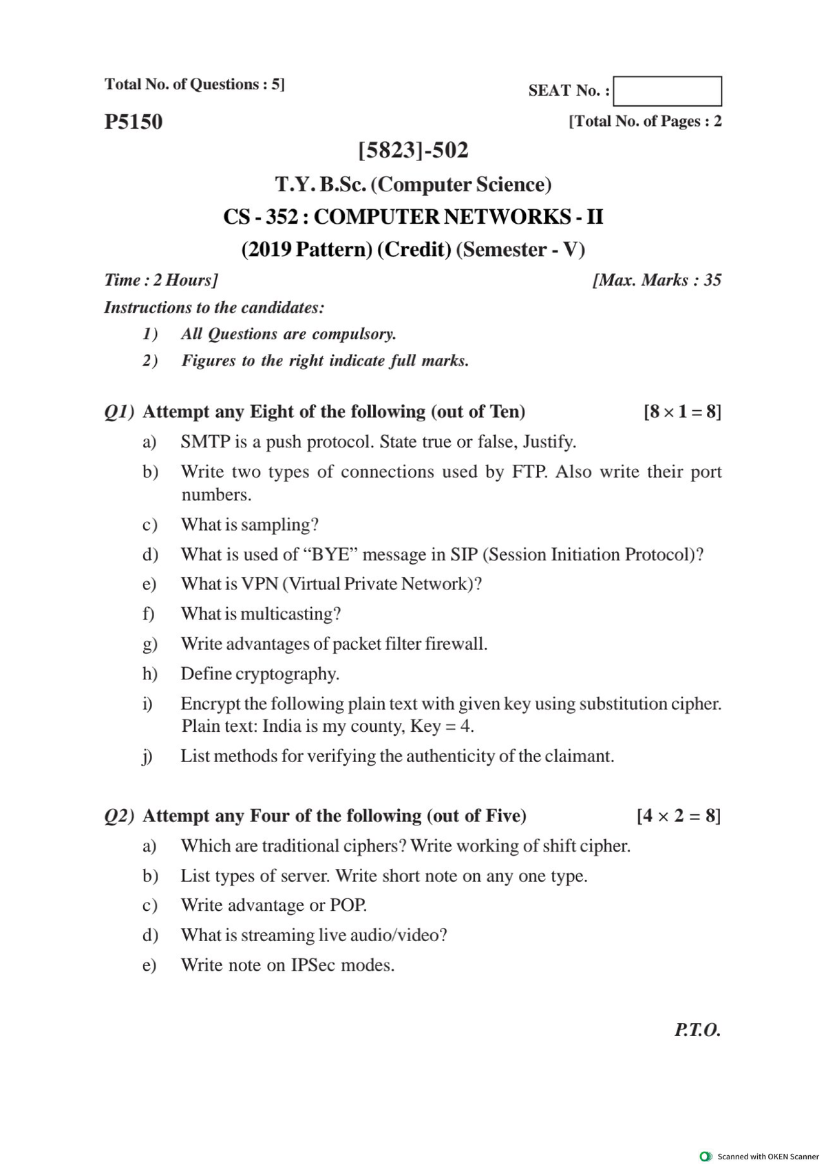 Computer Networks II (352) - T.Y. B.Sc. (CS) April 2022 Exam Questions ...