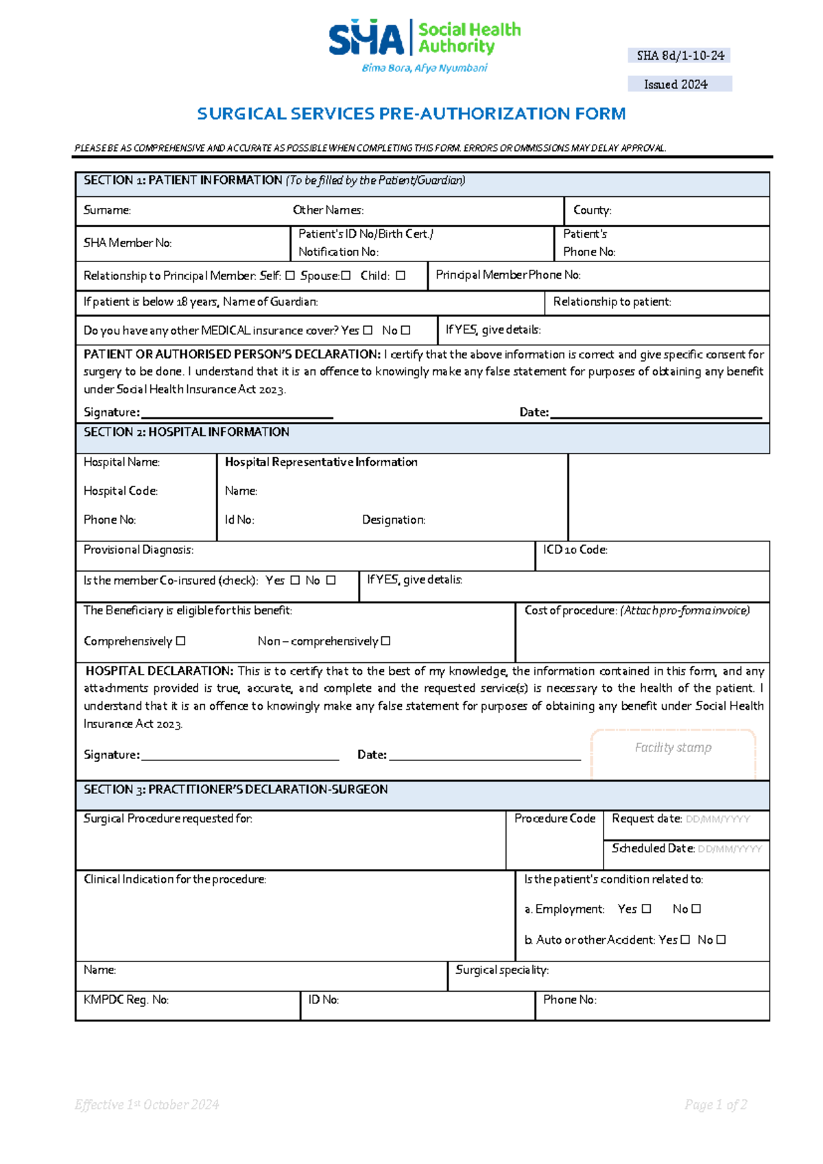 Surgical Pre-Authorization Form 2024 (SHA) - Comprehensive Guide - Studocu