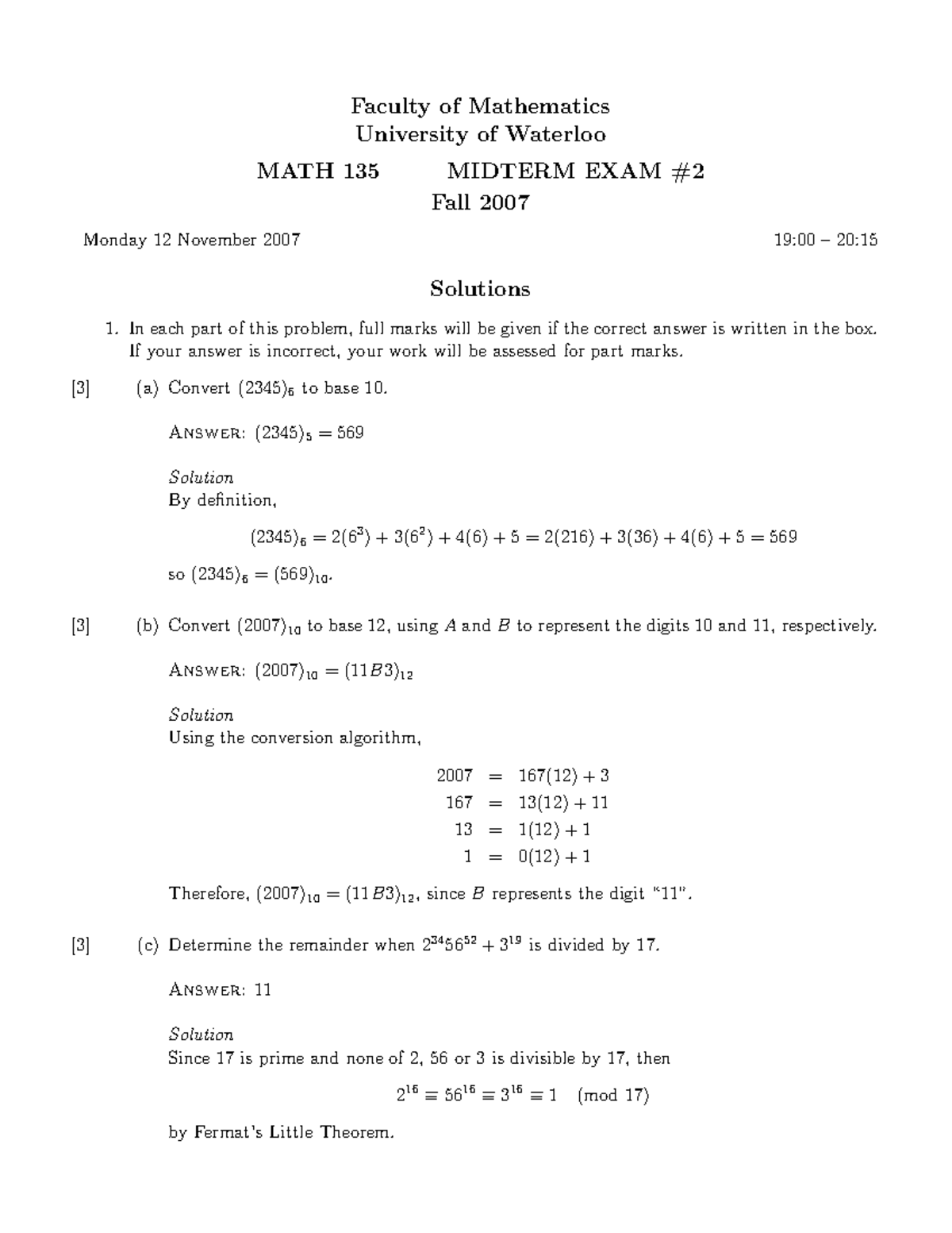 University Of Waterloo Math Questions